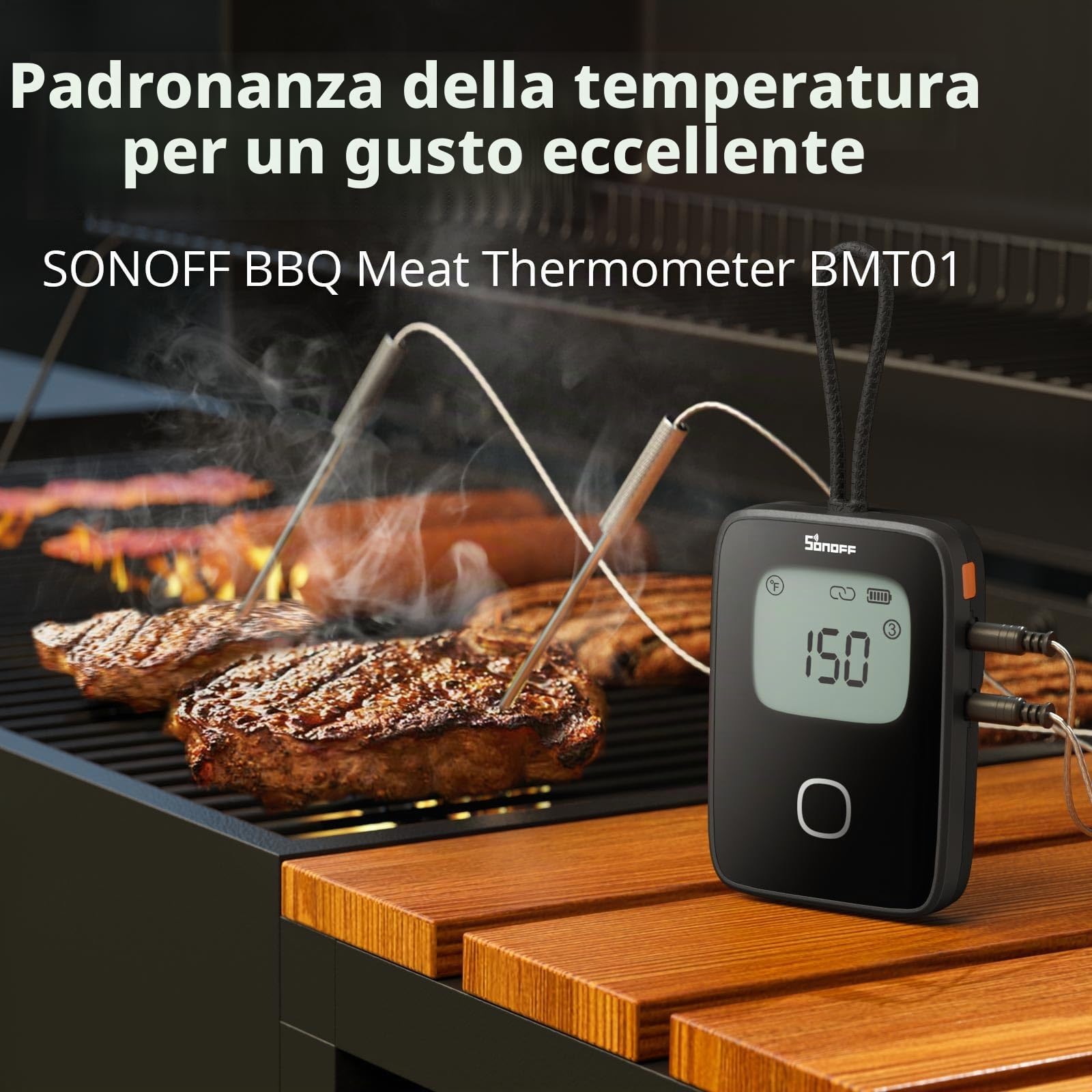 SONOFF BMT01 termometro da cucina a doppia sonda, sonda carne per barbecue, Display LCD con Lettura Istantanea, Timer e Allerta Preimpostata, Adatto per BBQ, Grigliate, Cottura e Forno.