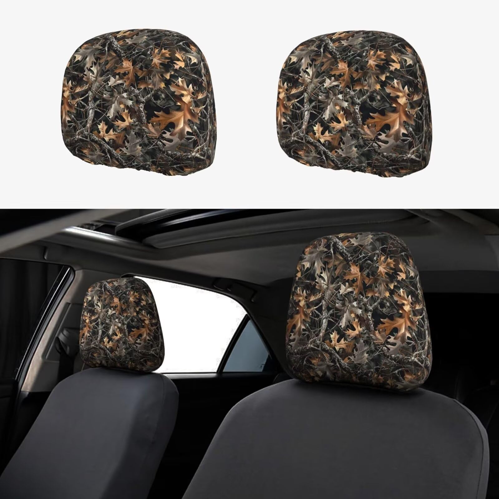 Photo 1 of MAGIFUN 2 Pack Car Headrest Cover Camo Brown Camouflage Car Seat Head Rest Cover Protector Hunter Hunting Car Decor Interior Vehicle Accessories Fall Leaves Branch Leaves Headrest Cover