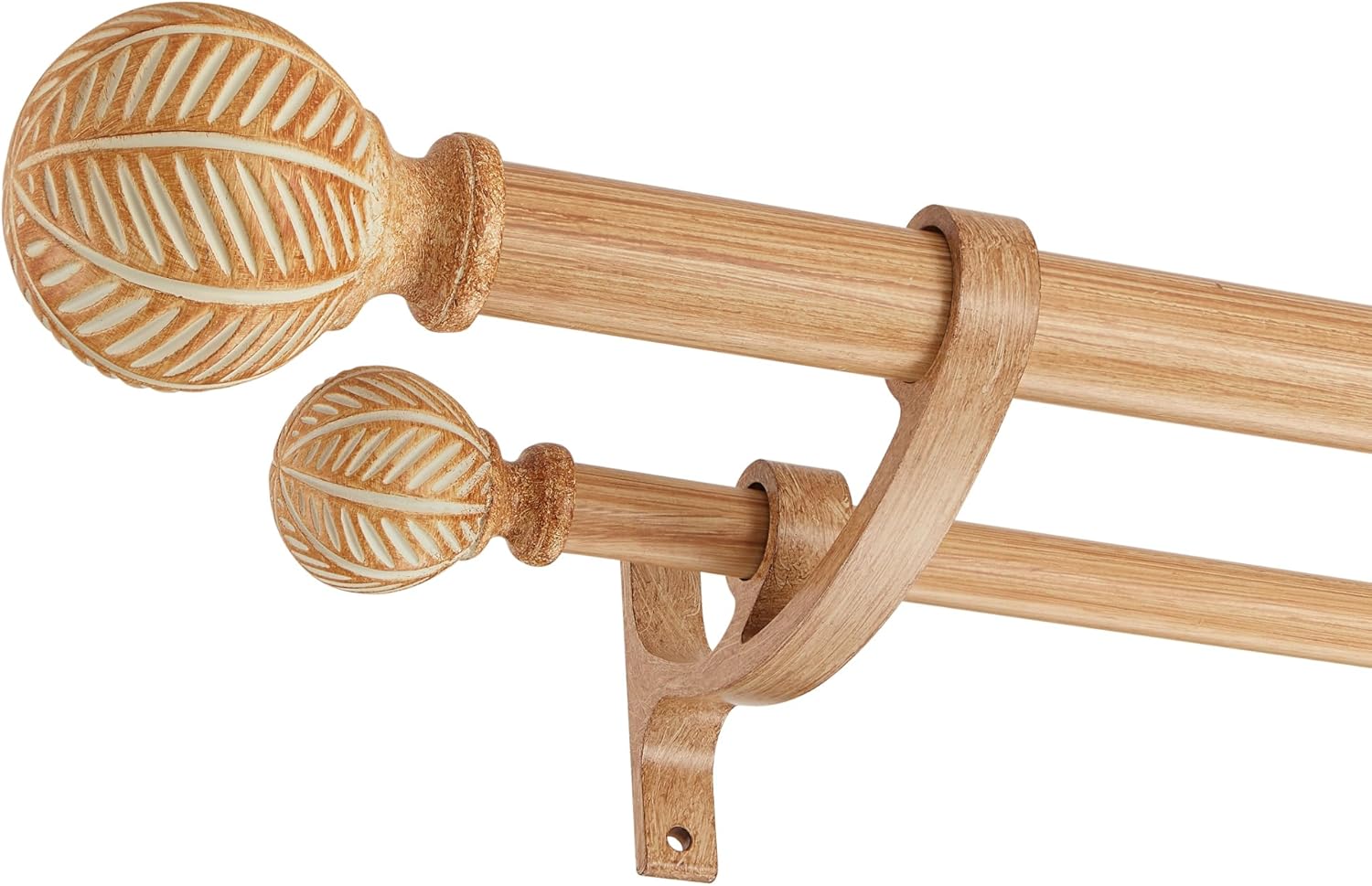 Wood Double Curtain Rods Set for Windows 72 to 144 Inches (6 to 12 ft), Adjustable Heavy Duty Dual Drapery Rods, 1 Inch Boho Rustic Decorative Design with Imitation Wood Grain Leaf Finials Light Wood Grain 72-144"