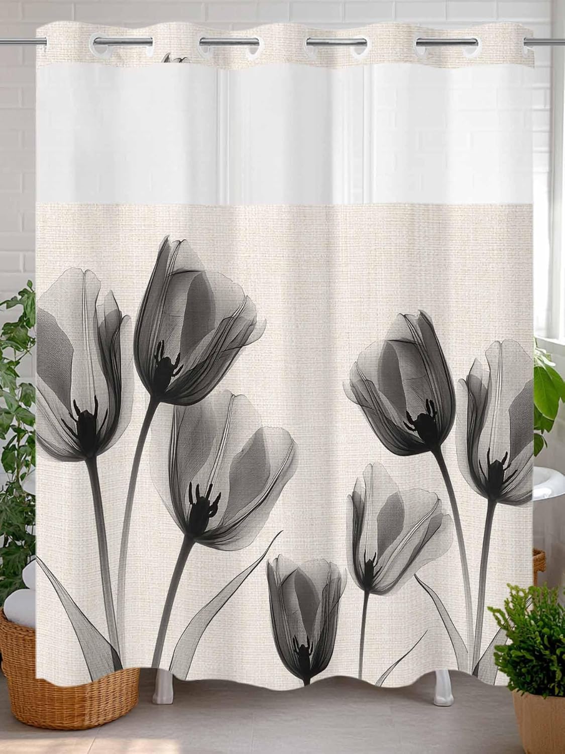 Black Tulip No Hook Shower Curtain and Liner Set Minimalist Modern Flower Art Linen Background Snap in Shower Curtains Waterproof Bath Curtain with See Through Top Window Hotel Liner Set 66" x 72"
