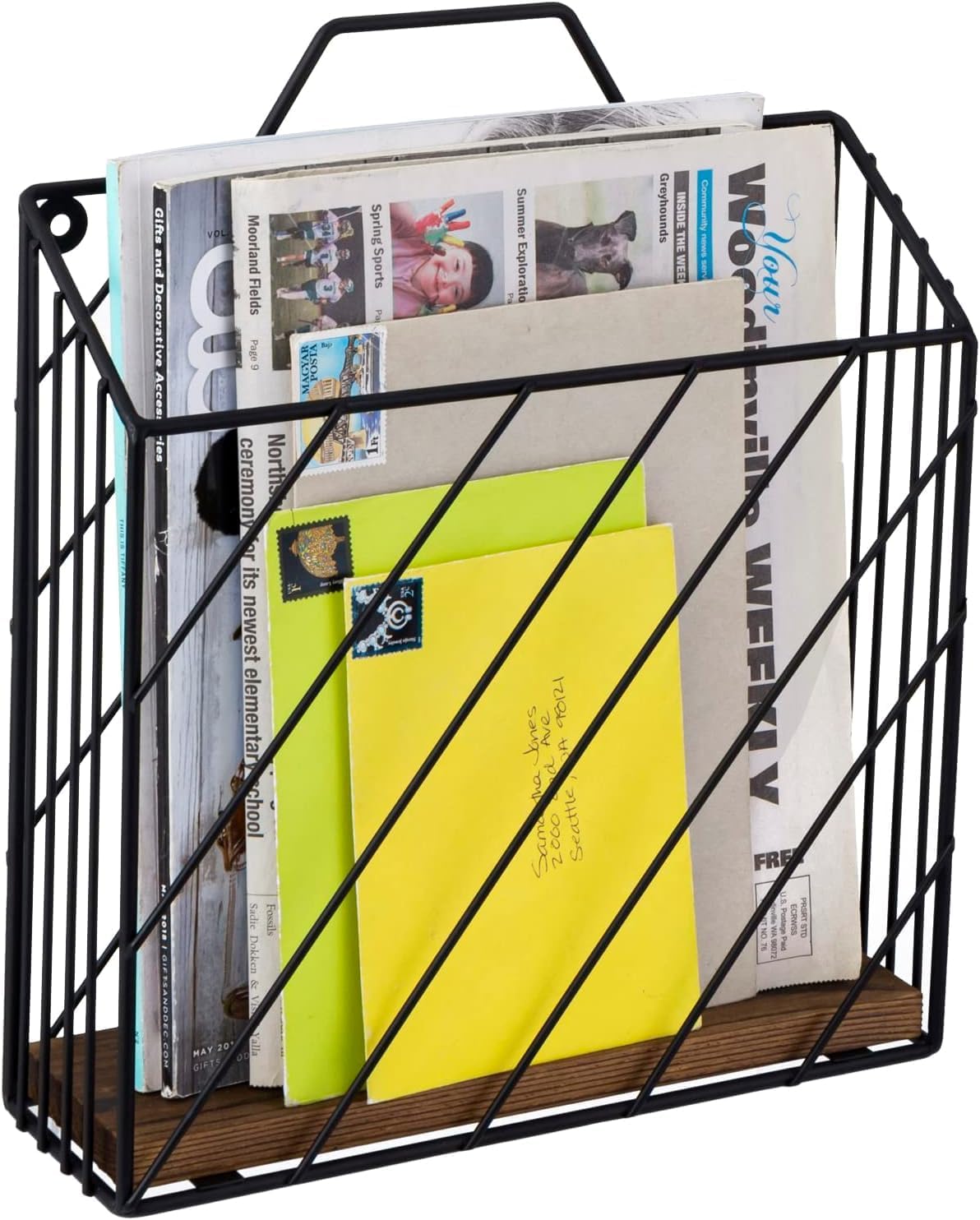 OGFC 28431 Wall Mounted Industrial Magazine Holder, Matte Black Metal Wire Document, Files and Magazine Rack with Rustic Wood Base, Versatile Home Office Holder Storage Organizer Basket-picture-27