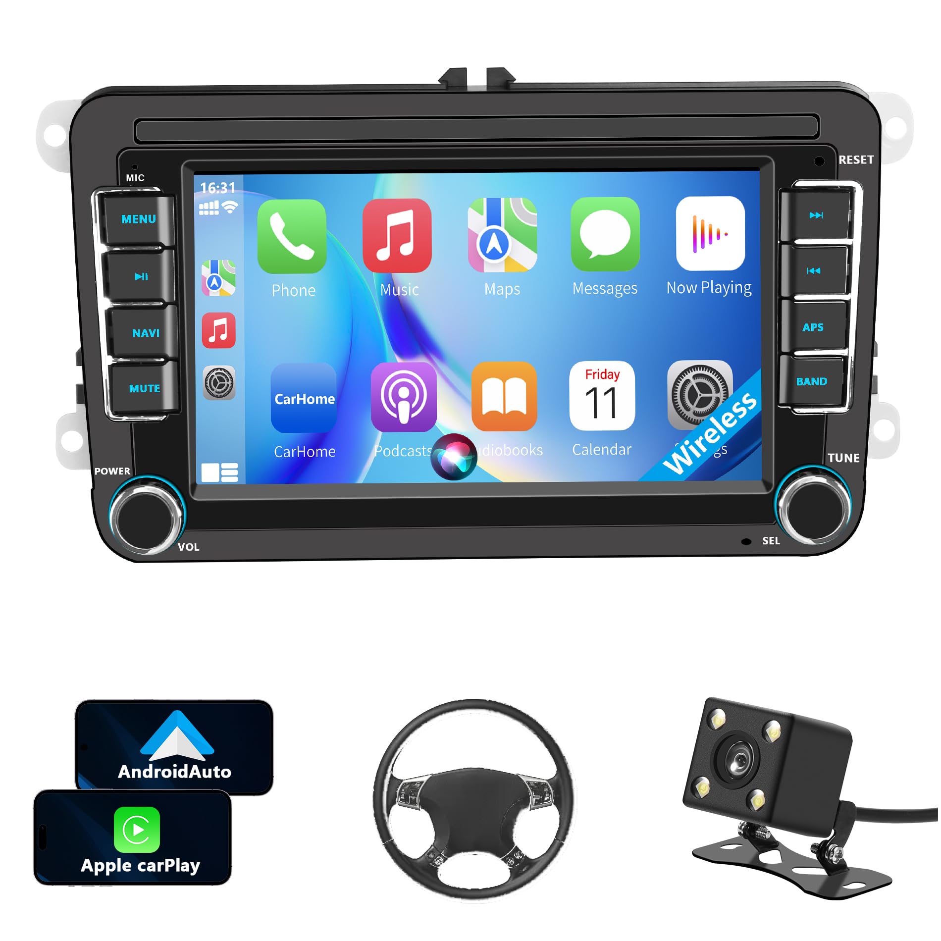 Radio carplay pour Pantalla Volkswagen VW Golf 5/6 Polo Passat Jetta Caddy EOS T5 Tiguan Touran CC con Wireless Carplay Android Auto 7 Écran IPS con Bluetooth/FM/RDS Radio/USB/SWC/Plug & Play/GPS