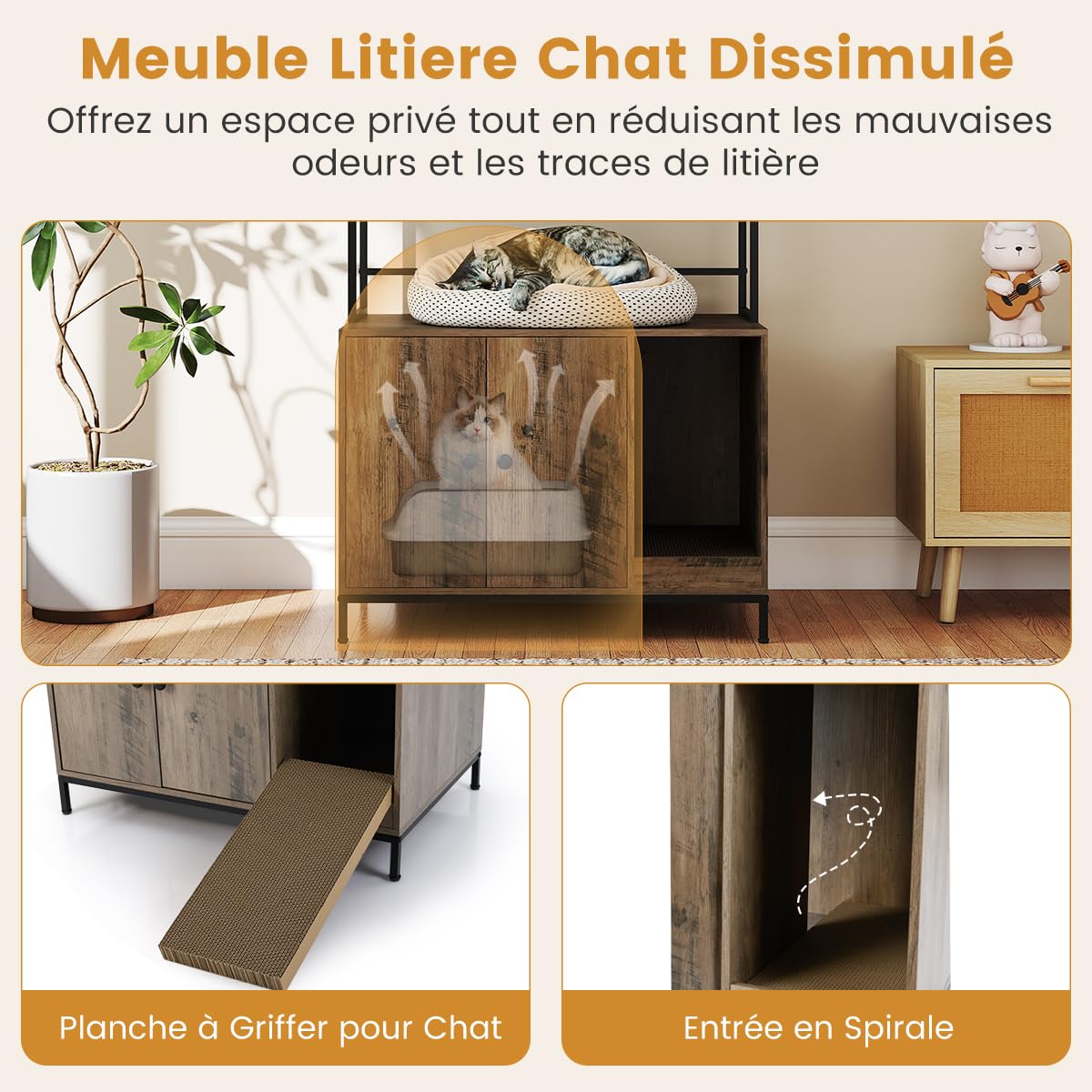 COSTWAY Meuble Litiere Chat, Planche à Griffer, Étagères de Rangement, 4 Crochets, Maison pour Chaton à 2 Portes, Barrière de Sécurité, Patins Réglables, Maison de Toilette Chat, 78 x 51 x 137 cm