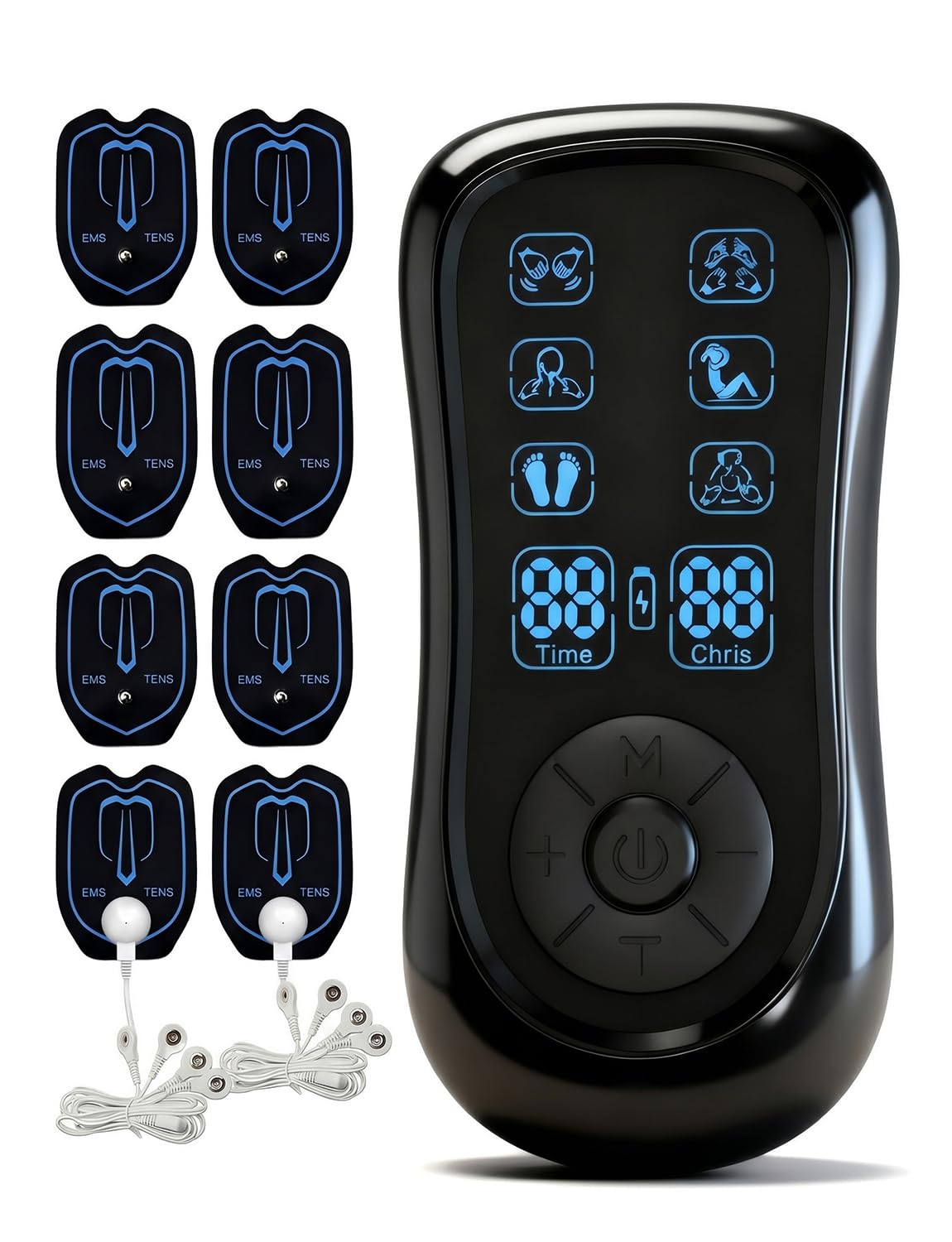 Apparecchio di massaggio elettrico TENS/EMS doppio canale, elettrostimolatore antidolore con 8 elettrodi riutilizzabili, 2 utenti, stimolazione muscolare e rilassamento del corpo