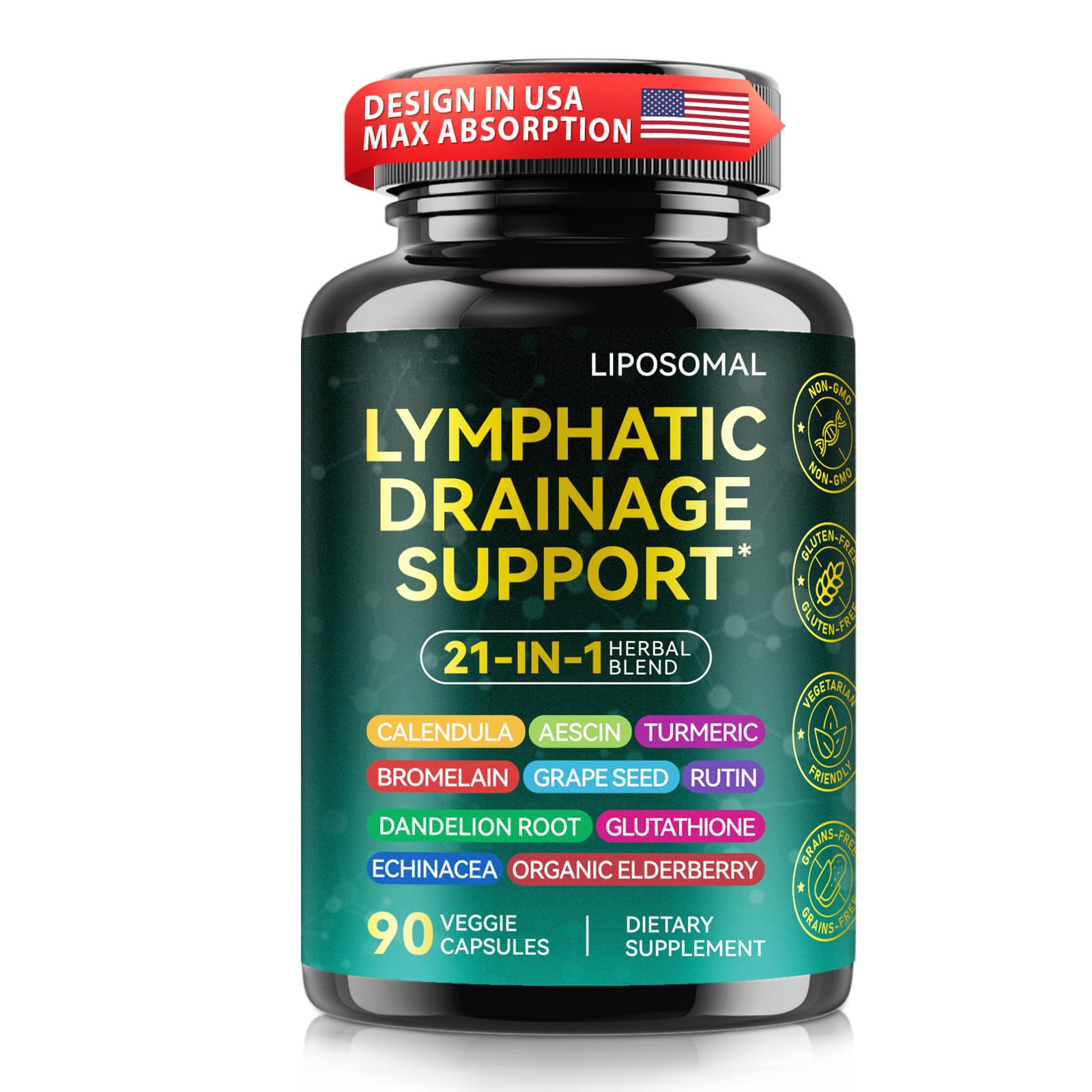 Lymphatic Drainage Supplements, Lymphatic Drainage Capsules Supplement - Wellness Complex Formula 21 in 1 - Aescia, Turmeric, Bromelain, Echinacea & More - Lymph System Support Capsule Easy Store