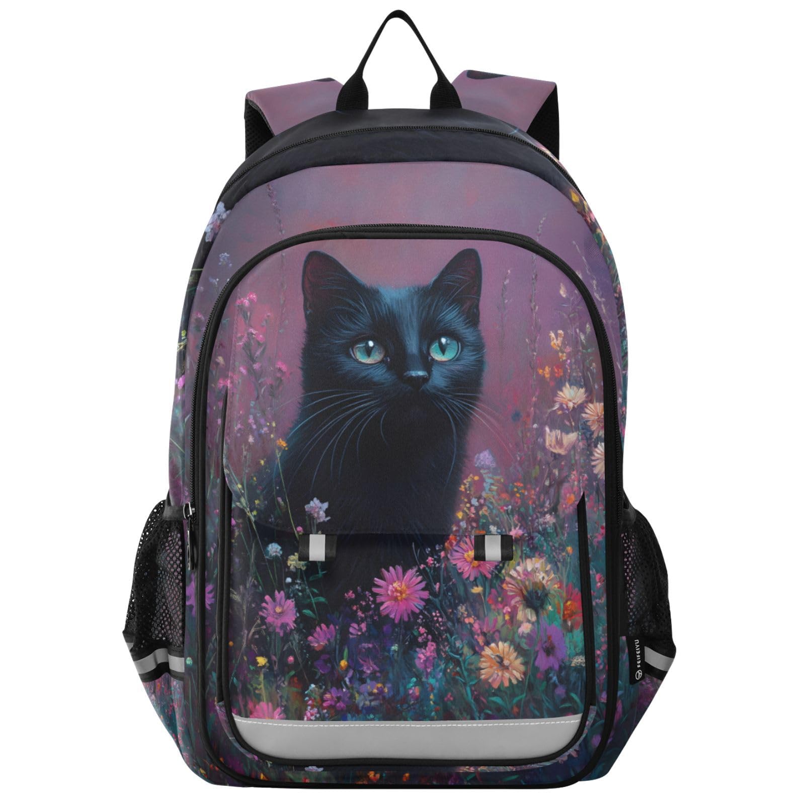 Mnsruu Sac à dos pour ordinateur portable 15,6" Motif chat noir dans la mer de fleurs - Sac à dos de voyage léger pour le travail universitaire - 45 x 33 x 17 cm