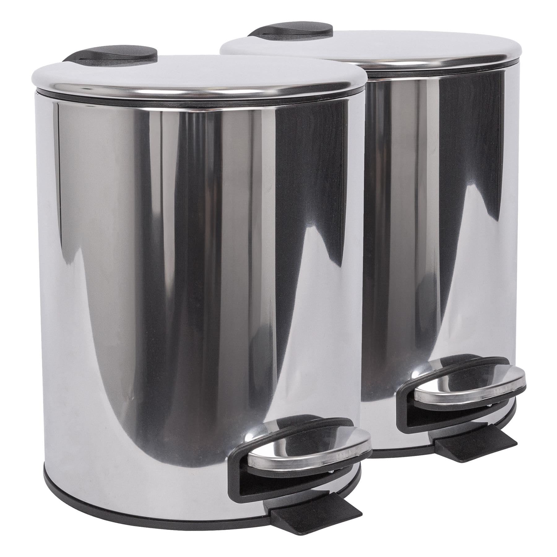 Harbour Housewares 5L Bathroom Bins - Chrome - Pack of 2 - Round Stainless Steel Pedal Bin Slim Kitchen Rubbish Trash Can Garbage Dustbin with Lid and Inner Liner Bucket