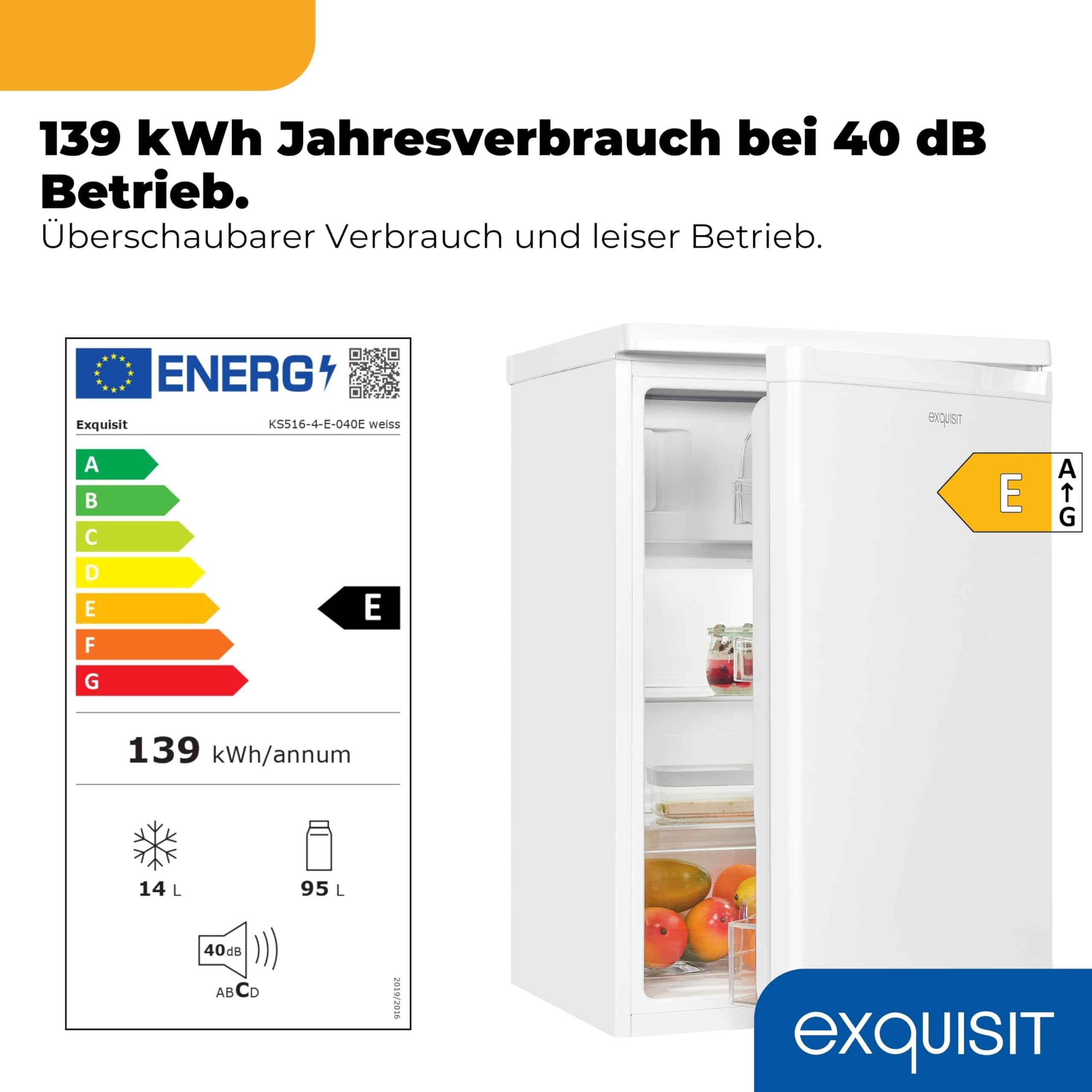 Exquisit KS516-4-E-040E Kühlschrank mit Gefrierfach, 109 l, LED, Weiss | Kompaktes Standgerät mit 4-Sterne-Gefrierfach, 139 kWh/Jahr, 40 dB, wechselbarer Türanschlag, 85 cm hoch, Glasablagen