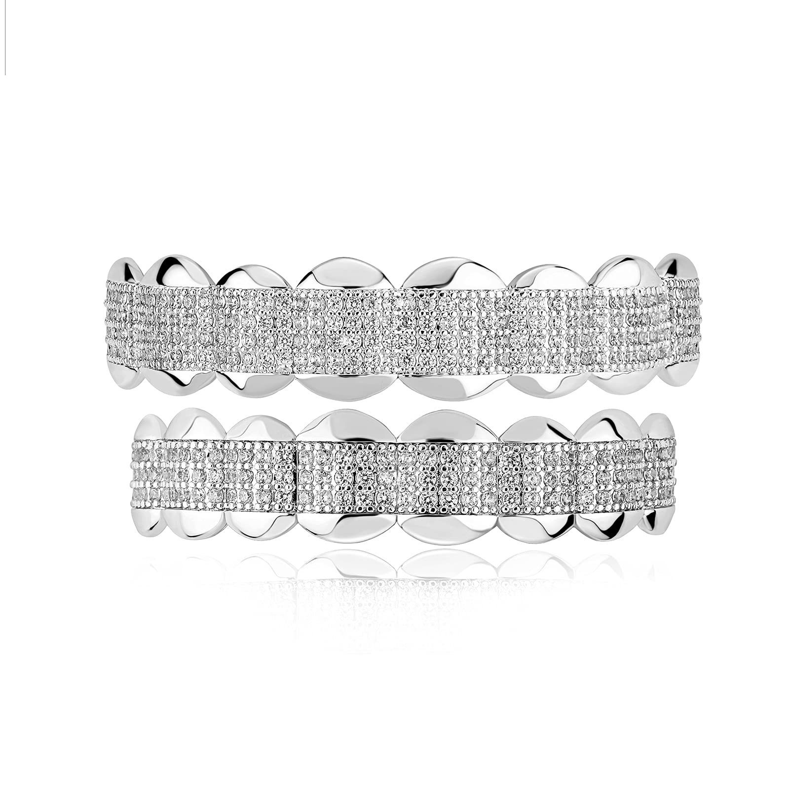 JINAOHip Hop 4 Rows 8 Top Teeth 3 Rows 8 Bottom Tooth Grillz 14K Gold Plated Iced Out Cubic Zirconia Diamond Mouth Grills for Men and Women