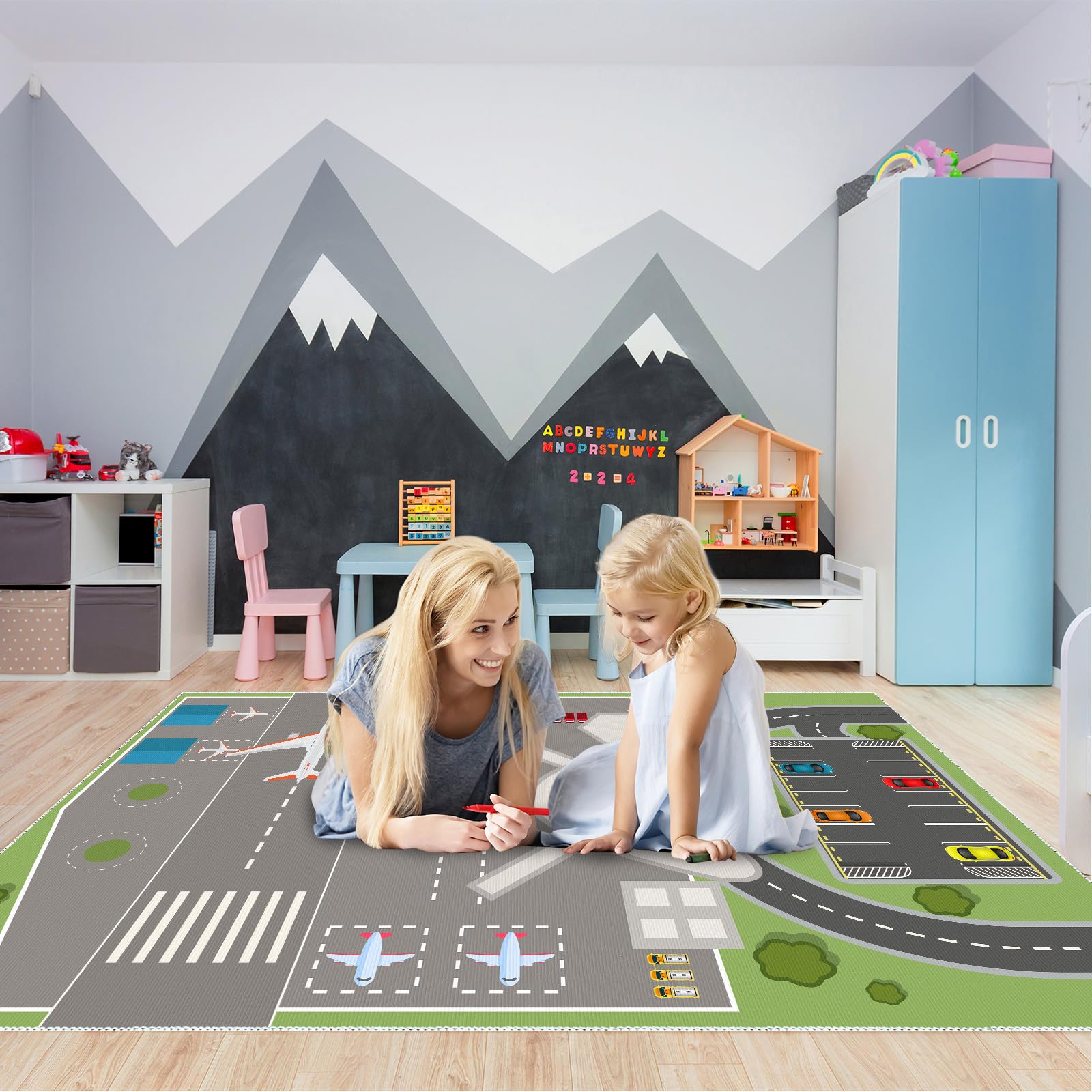Flughafen Spielmatte Spielteppich Spiel-Matte für das Kinder-Zimmer Kinder-Innenmatte rutschfest und Fleckenbeständig Spielmatte mit Flughafenmuster (80X150CM, ZD)