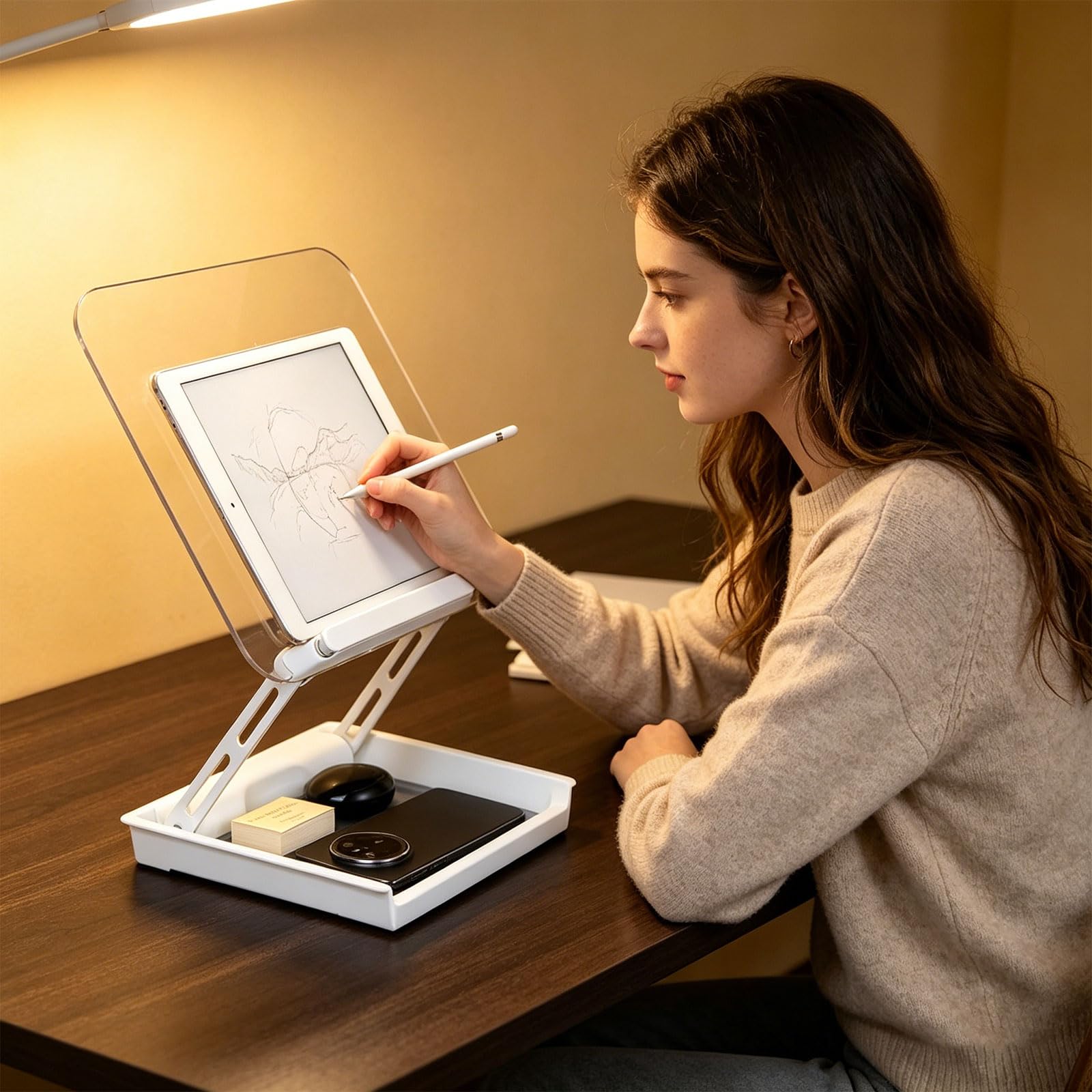 Supporto per libri in acrilico trasparente con cassetto nascosto regolabile per leggere lavori cucina, contenere tablet, libri cucina, accessori da scrivania