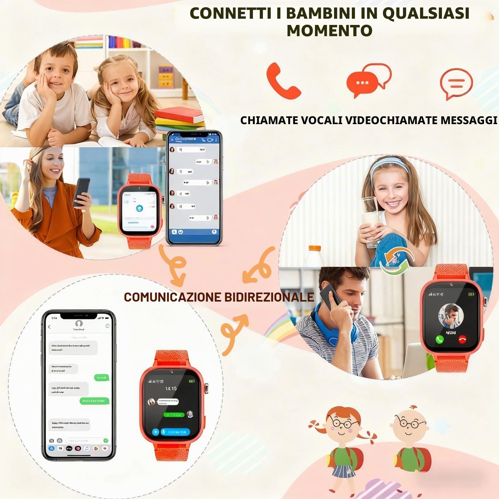 OKYUK Orologio intelligente 4G per bambini, con telefono e GPS, multifunzione, con videochiamata, modalità sportive, sveglia, App Store integrato, per ragazzi e ragazze, arancione