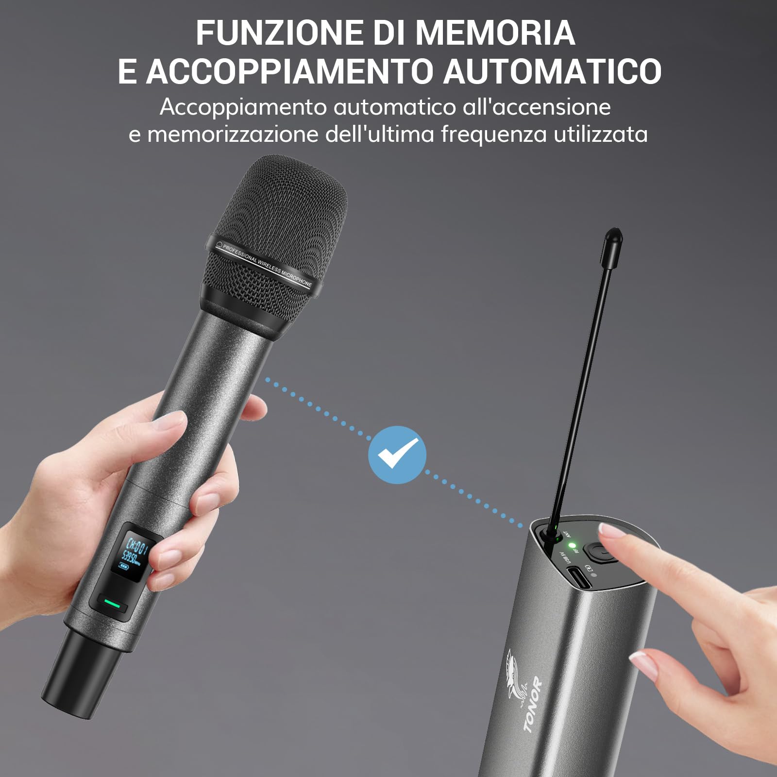 TONOR Microfono Wireless, Microfono Ricaricabile Professionale, Microfono Dinamico Cordless in Metallo 2x100 UHF per Karaoke, Chiesa, Canto, Matrimonio, Riunione, DJ, Volume Regolabile, 80 M,TW520
