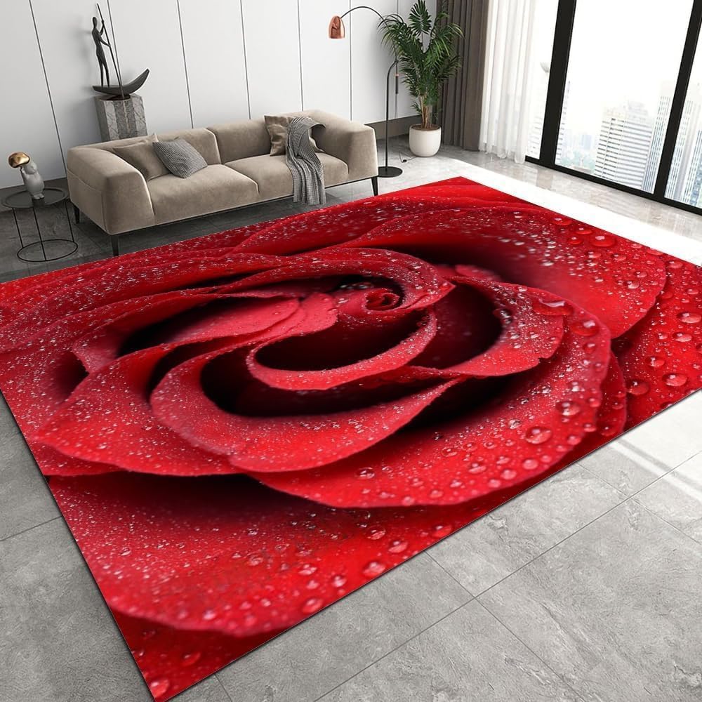 Tapis lavable en machine fleurs rouges 150x240 cm à poils courts b-1245
