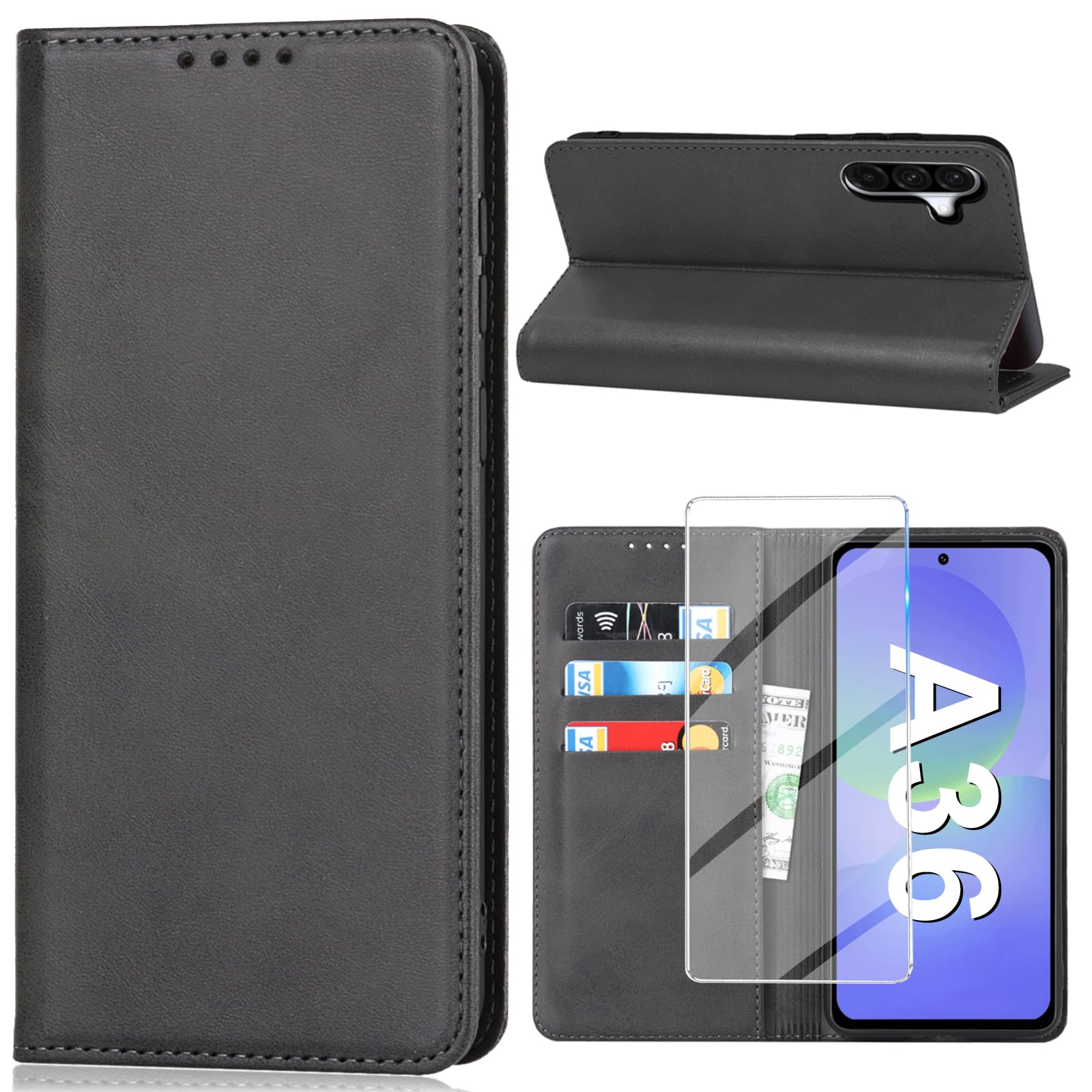 Vaki Handyhülle für Samsung Galaxy A36 5G Hülle mit Schutzfolie, Cover A36 5G PU Leder Wallet Kartenfach Klapphülle, Schutzhülle für Samsung A36 5G Flip Case Coqu Tasche Handyschutz (Schwarz)