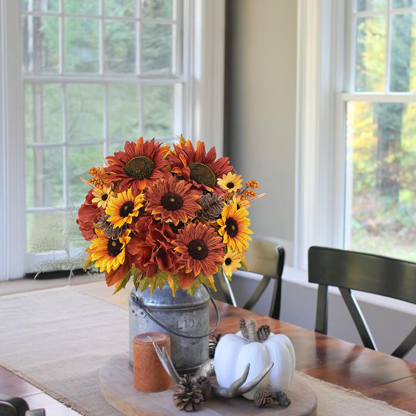 2 fasci di fiori autunnali in seta bouquet con girasoli fiori artificiali ortensie artificiali autunnali composizione floreale arancione finto fiore per casa festa autunno Ringraziamento vaso tomba
