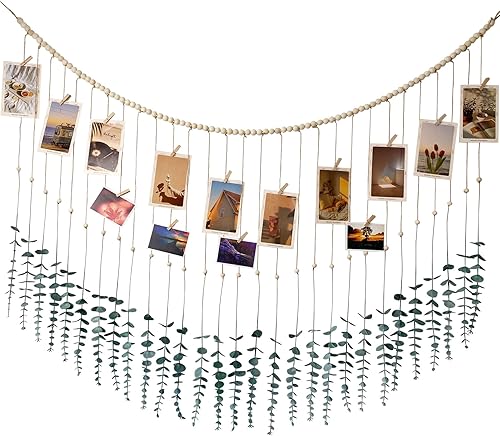 Kintyno Expositor de fotos de eucalipto colgante con 50 piezas, guirnalda de cuentas de madera de hojas verdes artificiales, decoración de pared,