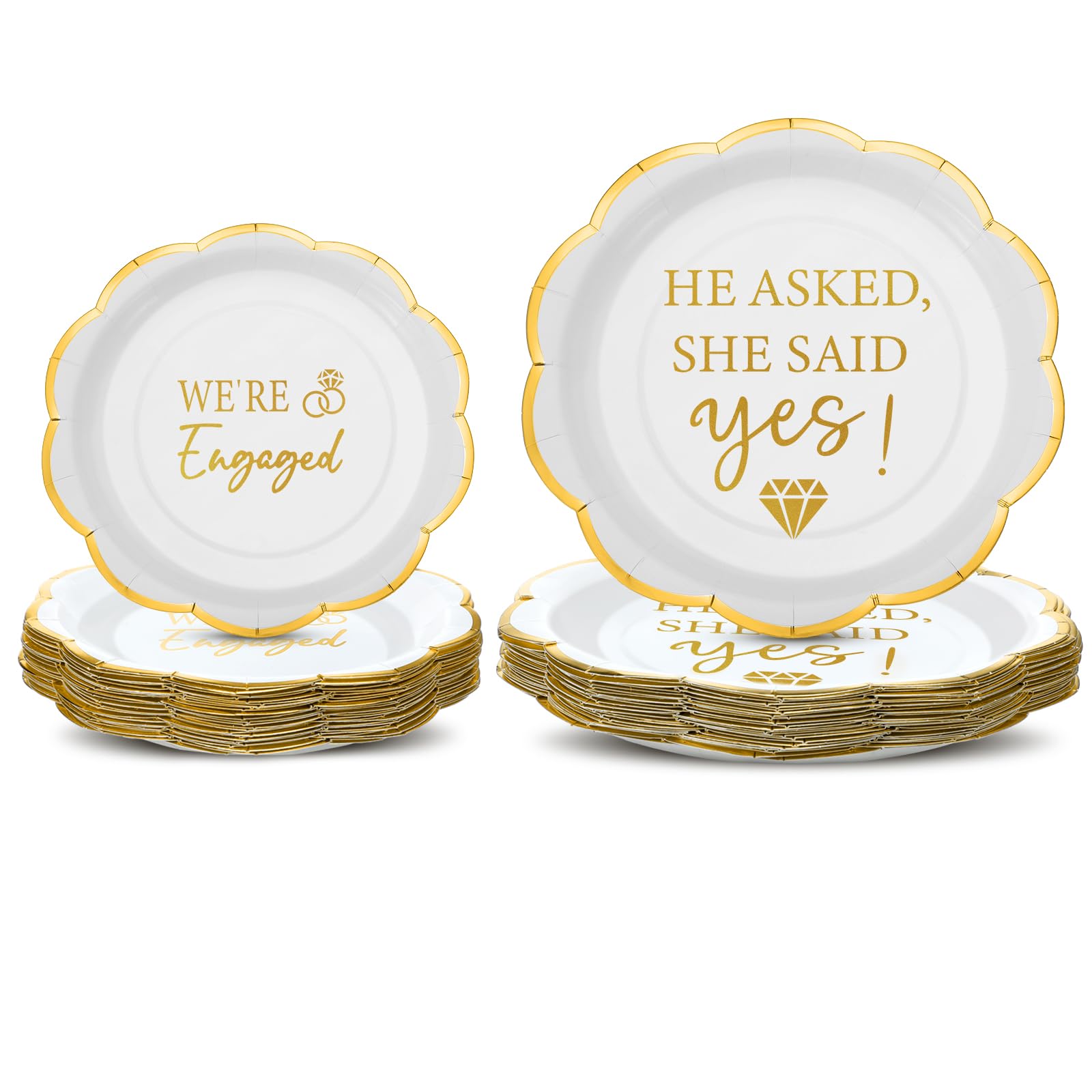 Yungyan 50 Pack Engagement Paper Plates White and Gold Engagement Party Decorations 7" 9" Gilded Edge He Asked She Said Yes We're Engaged Plates for