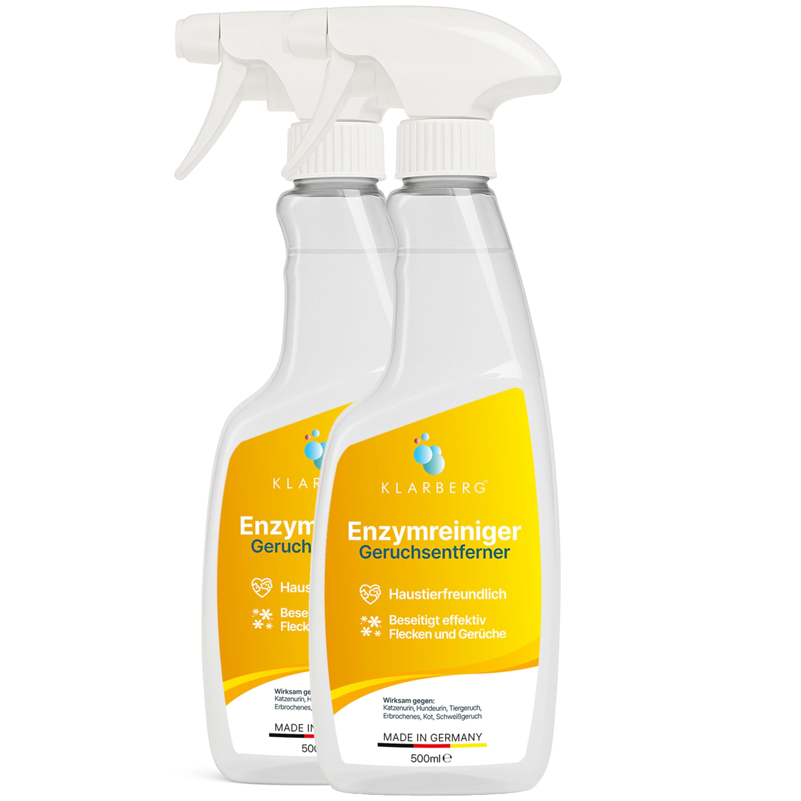 KLARBERG Enzymreiniger Katzenurin (2x500ml) - Professioneller Geruchsneutralisierer gegen Hundeurin - Starker Geruchsentferner für Sofa, Teppich & Polster - Tiergeruch neutralisieren statt überdecken