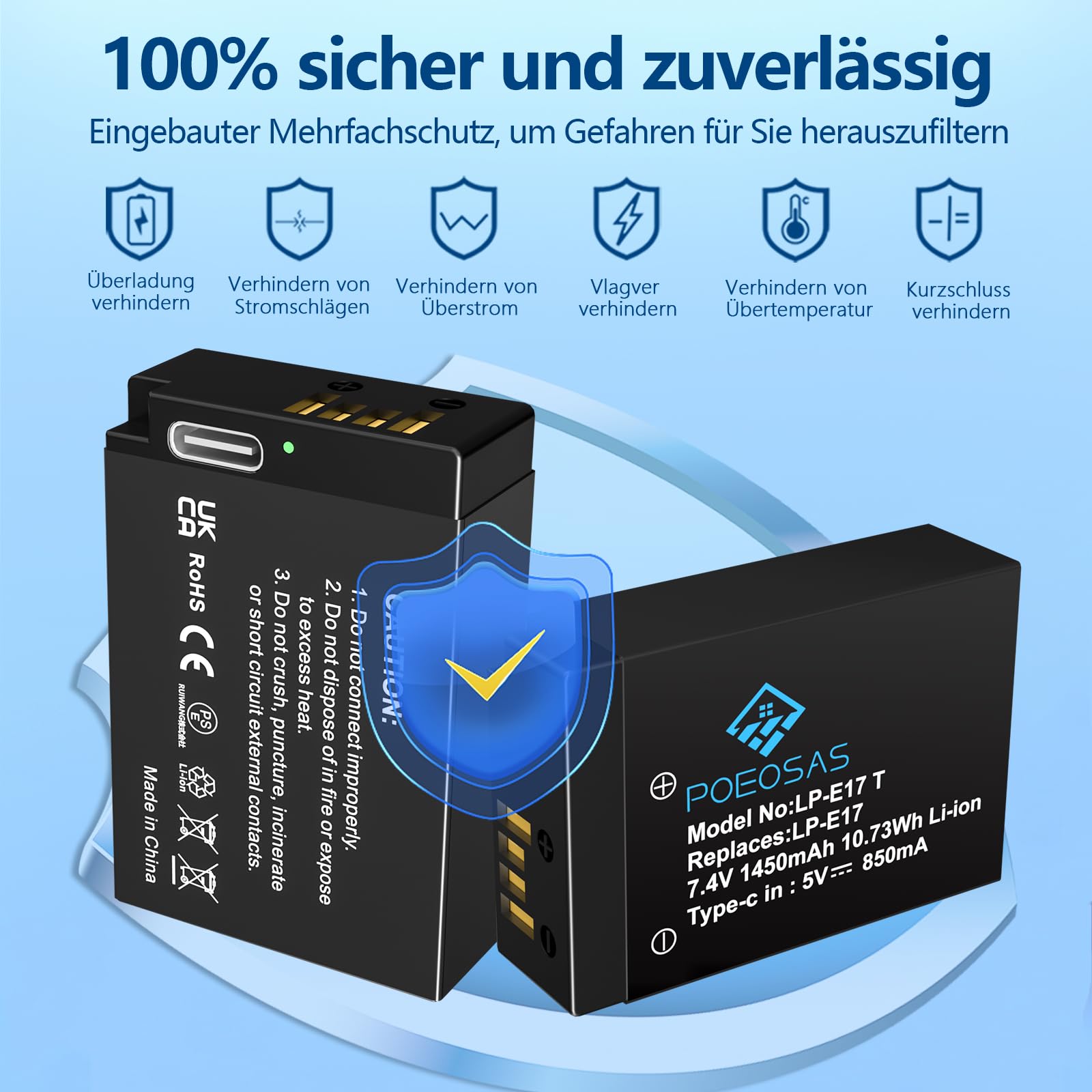 2 Pack 1450mAh LP-E17 Ersatz Akku mit USB Typ C Ladeanschluss für Canon EOS M3, M5, M6, Rebel SL2, T6i, T6s, T7i, EOS 200D 250D 750D, 760D, 800D, 8000D, KISS X8i, RP Cameras