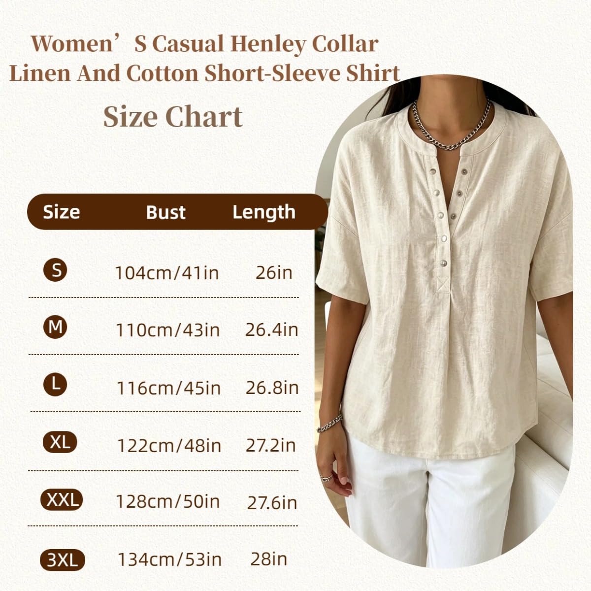Women’s Casual Henley Collar Linen and Cotton Short-Sleeve Shirt Perfect For Laid-Back Days, Combines Comfort and Style