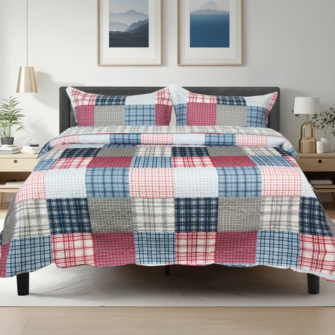 ZIYA HOMES Super King Size Quilted Reversible Patchwork Bedspread Comforter Bed Throw with Pillow Sham 3-Piece Coverlet Bedding Set Cotton Bedsheet Machine Washable
