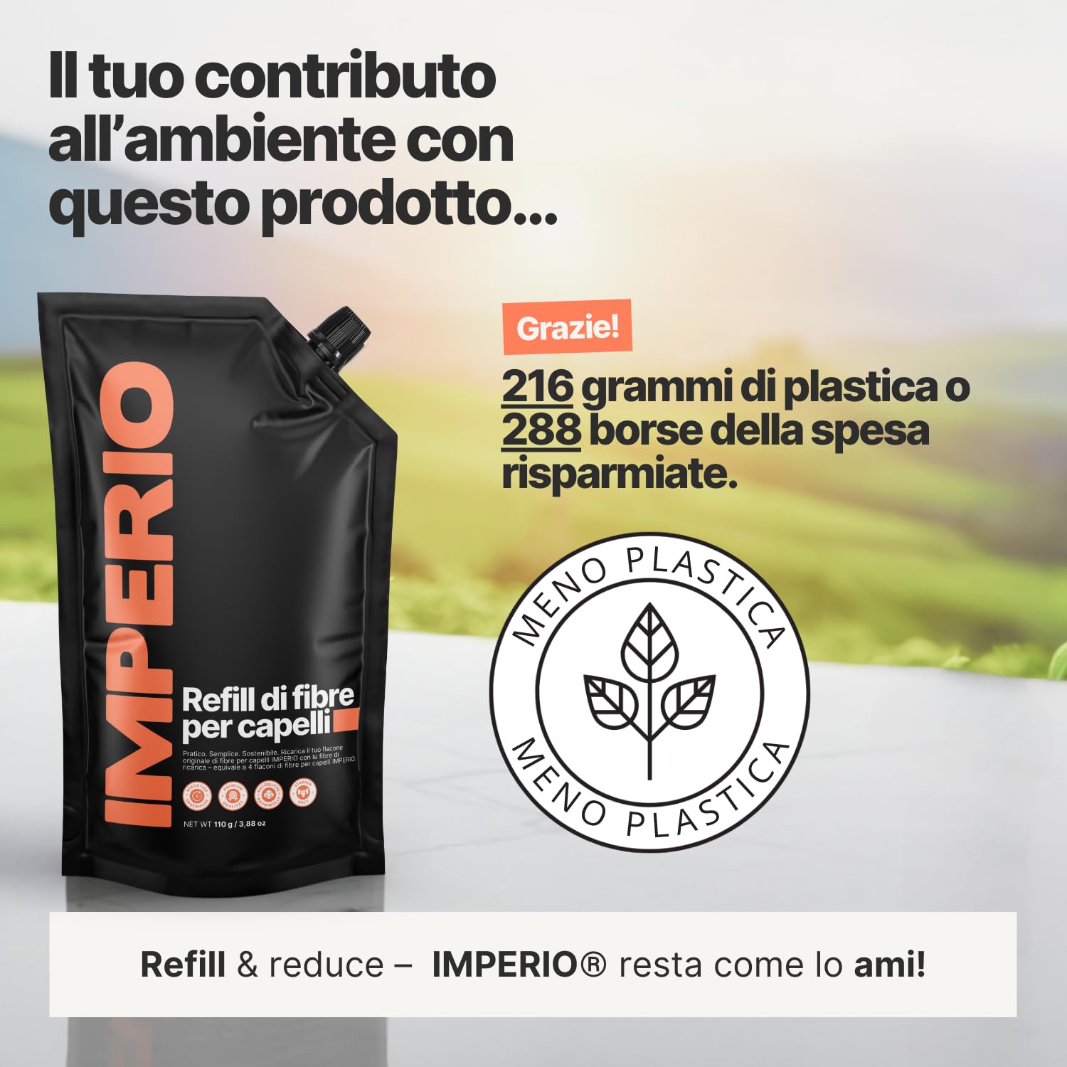 IMPERIO Confezione di Ricarica per Capelli Sparsi - Sacchetto di Ricarica da 110 g con Capelli Premium da Versare - Confezione di Ricarica Sostenibile con Chiusura Pratica - Facile Ricarica della