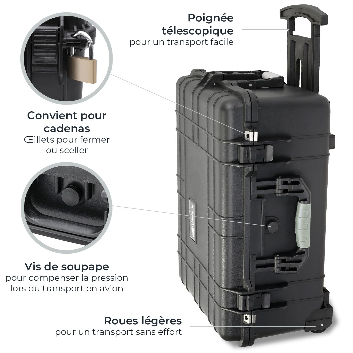 HMF ODK400 Valise à roulettes d'extérieur avec mousse prédécoupée, Noir , 58.5 x 45 x 27.5 cm, Valise
