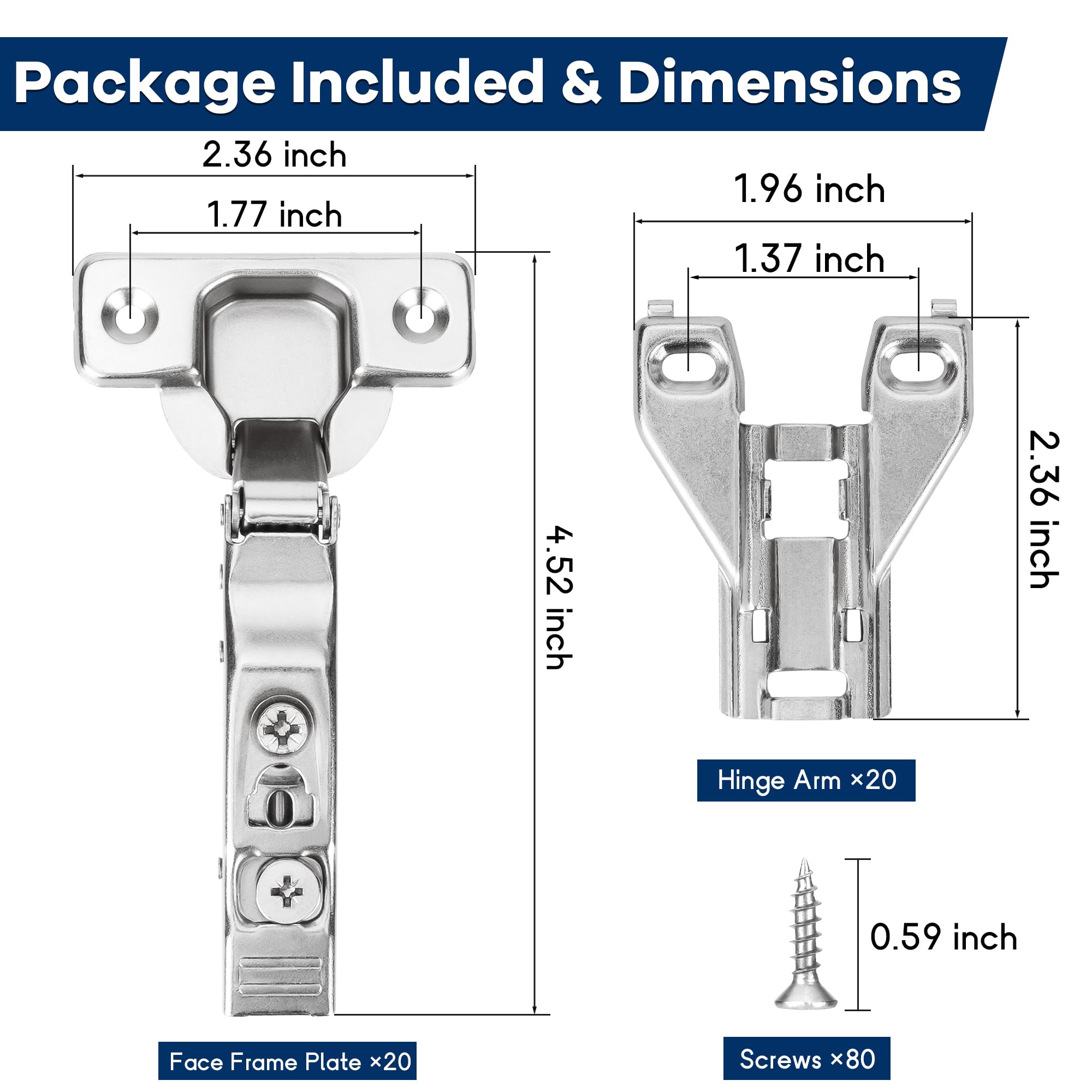 Confezione da 20 cerniere nascoste per armadietti da 1,9 cm, con chiusura ammortizzata, clip 3D regolabile a 105 gradi, con piastra a scomparsa, cerniere per ante della cucina, con viti