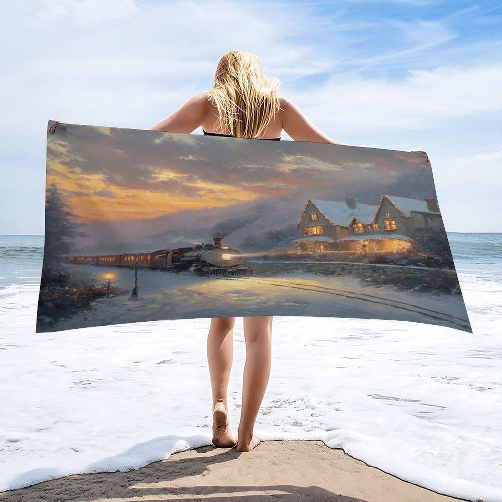 Luyysky Beautiful Rustic Antique Train Quick-Drying Beach Towel, Retro Oil Painting Christmas Sunset Snowy Landscape Steam Train Travel Vacation Single Sided Pile Bathroom Towels-80 W Cm X 160" L Cm