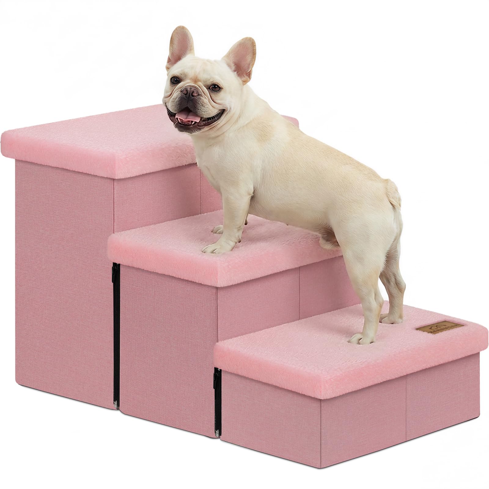 Zerbuger Dog Stairs with Storage, Pink Furry Lids 3 Steps Dog Ramp no Condo