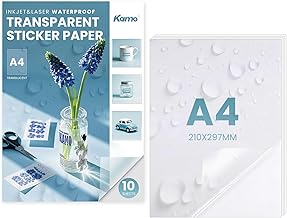 kamo Papier Autocollant Semi-Transparent Imperméable Premium – 10 feuilles, Étiquettes Vinyle Imprimables pour Imprimantes Laser et Jet d'Encre, A4, 210 x 297 mm, 1 étiquette par feuille, Waterproof