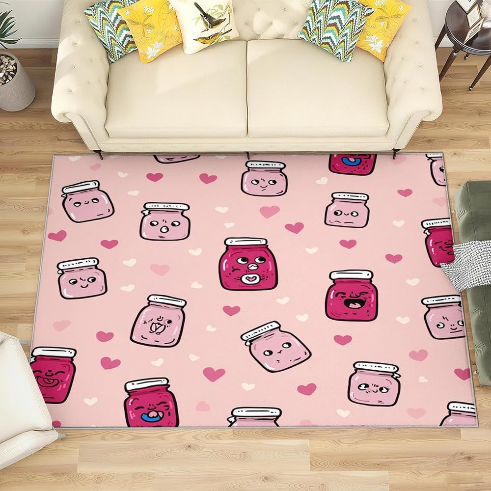 Dywan można prać w pralce, 120 x 180 cm, miękki, antypoślizgowy, jasnoróżowy, do salonu, sypialni, pokoju dziecięcego, pokoju zabaw, na korytarz, uroczy kreskówkowy słoik na dżemy, trwała mata