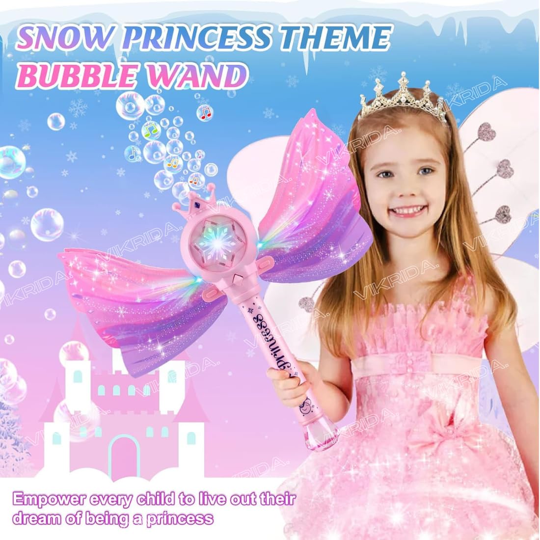 VikriDA Bubble Wands for Kids with LED Light & Music - 1 Bubble Solution Bottle - for Indoor Outdoor Birthday Party Celebration 2