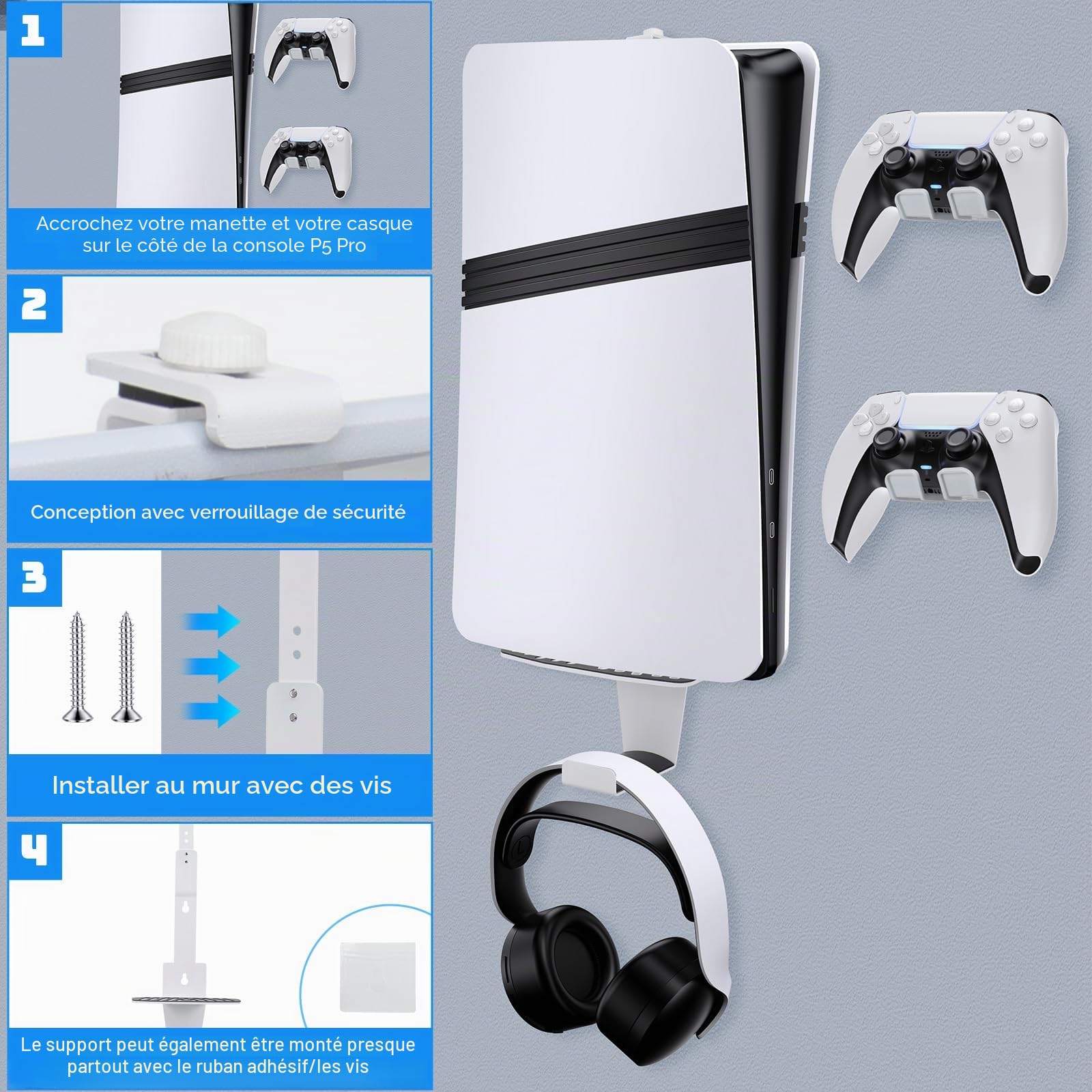 Support Mural PS5, Support Mural Compatible avec PlayStation 5 /PS5 Slim/PS5 Pro PlayStation 5 Console ((Éditions Disque et numérique) Accessoires pour Casque et 2 Supports de Contrôleur