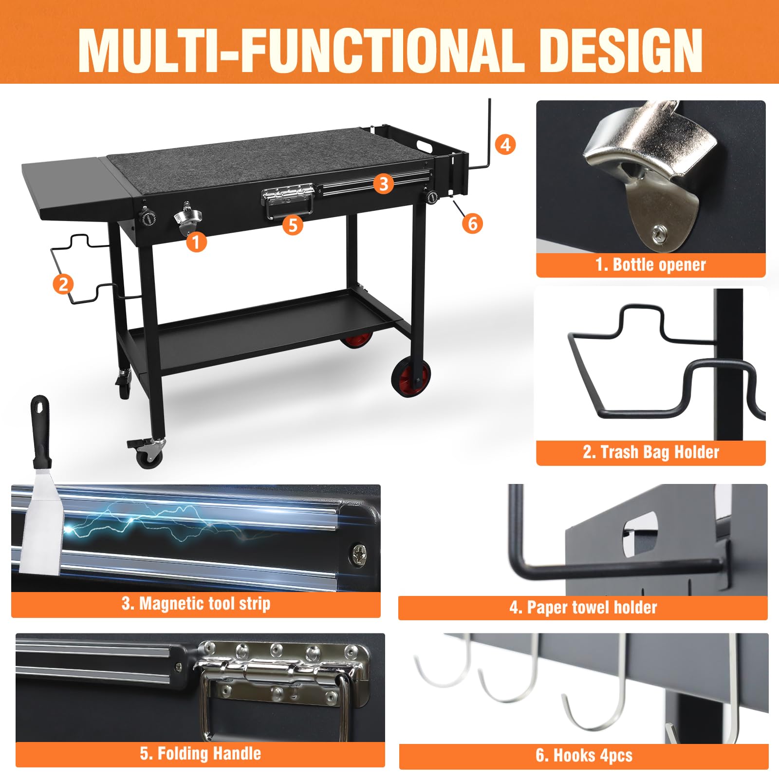 Mesa de Barbacoa con Ruedas – Carro de Barbacoa Exterior Plegable con Gran Superficie de Trabajo, Estantes de Almacenaje y Soporte para Utensilios