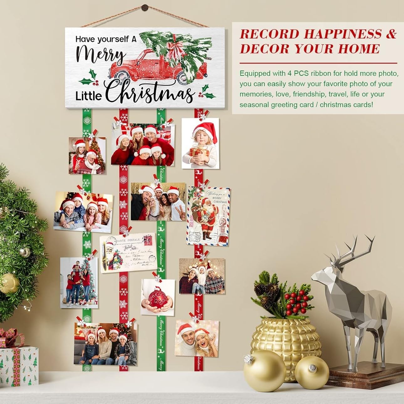 KAHEIGN Weihnachten Kartenhalter, 40cm x 120cm Holz Kartentafel Grußkartenhalter zum Aufhängen an die Wand, Weihnachtskarten-Displaytafel mit 30 Schneeflocken Fotoclips für Weihnachtsdekoration