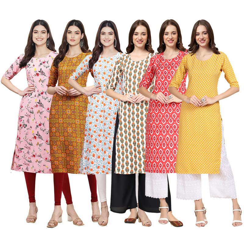 Pinkmint Women's Crepe Digital Print Straight Kurta [Pack Of 6](Qv-339-333-334-352-346-350-L)