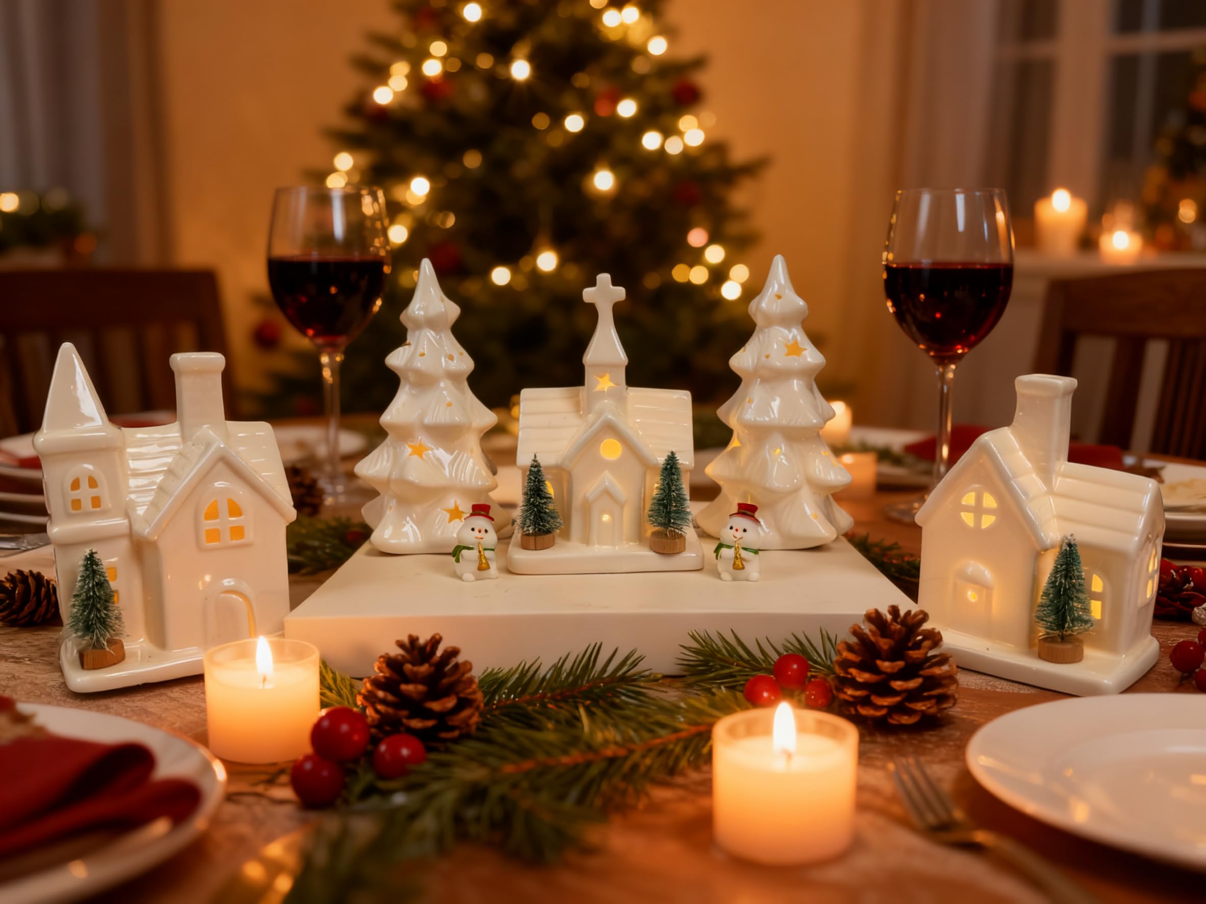 Weihnachtsdorf aus Keramik, Weiß, 11 Stück, inklusive 3 beleuchteten Porzellanhäusern, 2 LED-Weihnachtsbäumen, 4 Mini-Bäumen und 2 Schneemann-Figuren – LED-Urlaubs-Tischdekoration für den Winter
