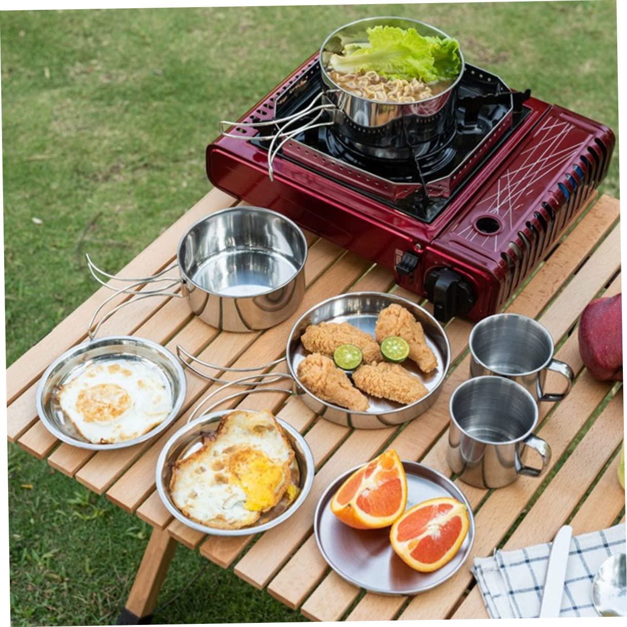 Anneome Completo De Ollas Camping Inoxidable Sartén Platos y Tazas para Acampar y Picnic
