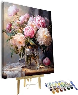 TUMOVO Flowers Paint by Numbers Kit for Adults - Peonies in a Vase Paint by Number on Canvas, DIY Acrylic Painting for Ideal Gift Home Wall Decor (16x20 Inch, with Frame)