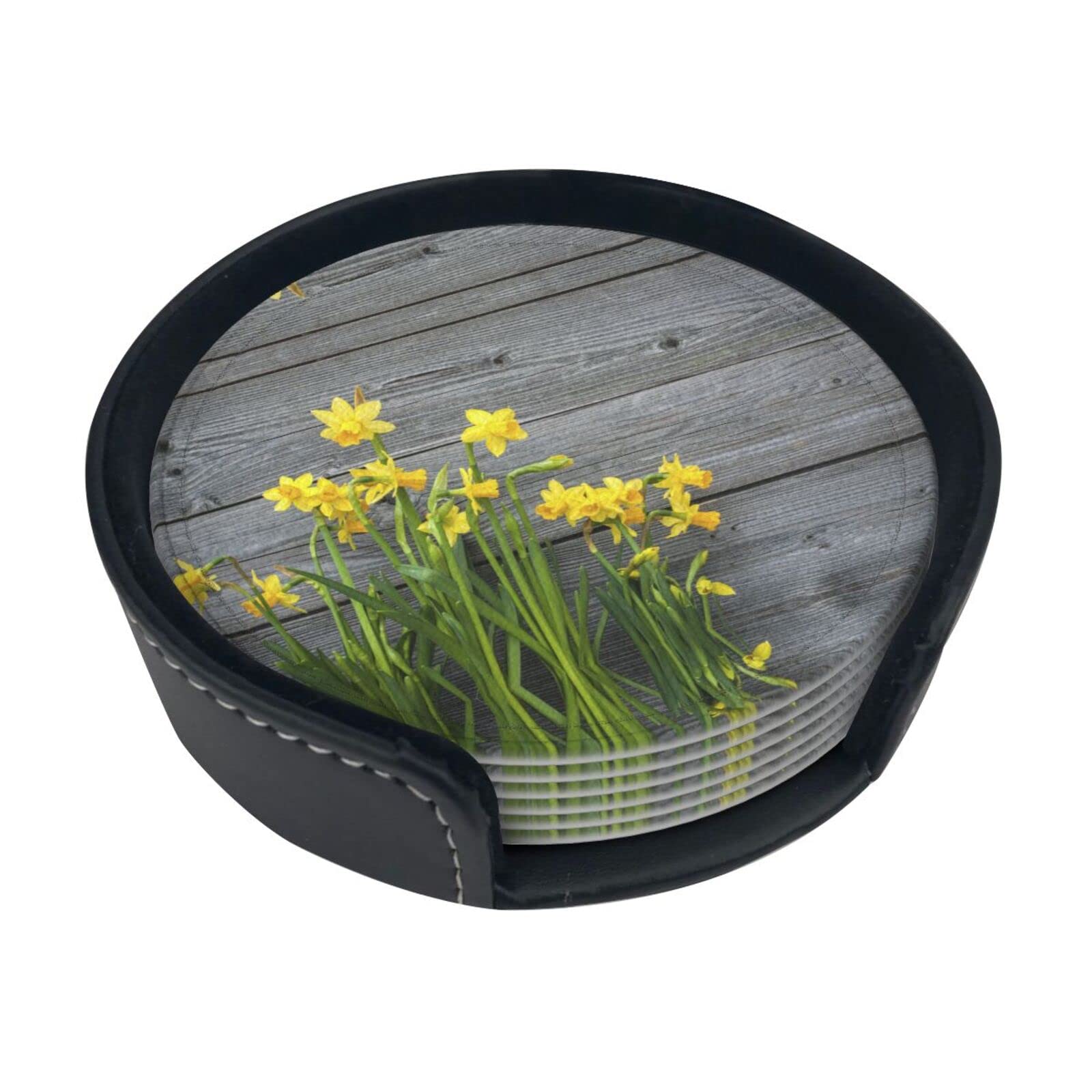 Alteko Bouquet Of Daffodils Coasters Set Of 6 Print Leather Coasters For Drinks,Home Décor And Housewarming Gift