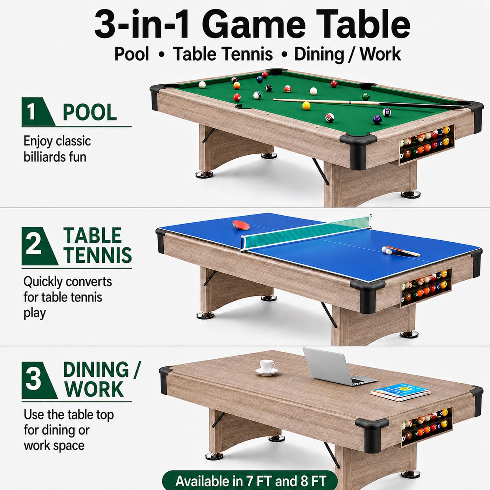 Tavolo da biliardo con tavolo da ping pong e piano da pranzo, design pieghevole per risparmiare spazio, costruzione durevole, perfetto per sala giochi o intrattenimento in famiglia