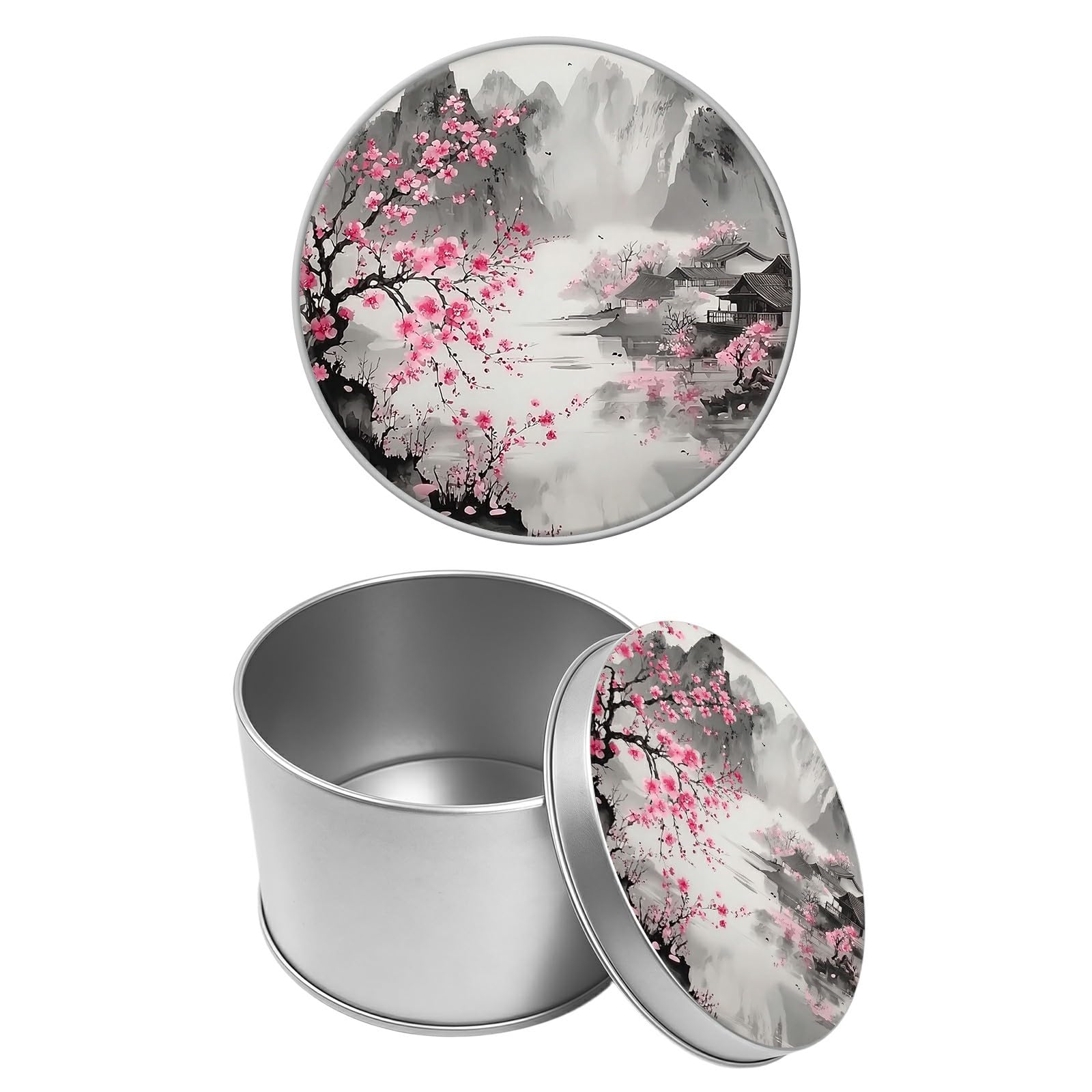 Round Metal Tin Container with Removable Lid, Cherry Landscape Durable Metal Storage Box for Cookies Spices Tea Candies Cakes Jewelry Cosmetics 3.54 x 2.36 inch– Single Pack