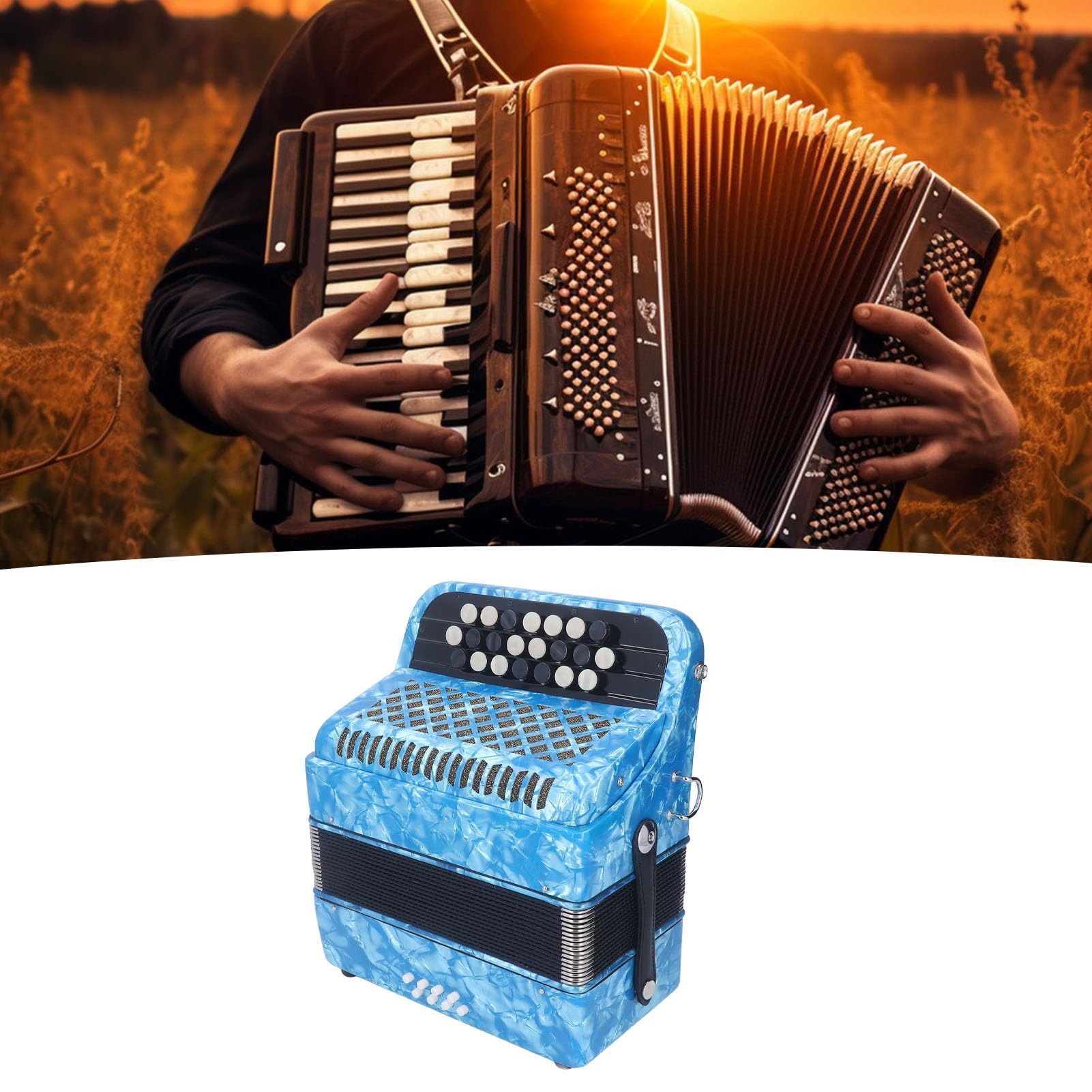 Akkordeon-Musikinstrument, 22 Tasten, 8 Bässe, Professionelles, Rutschfestes Akkordeon-Musikinstrument mit Riemen (Himmelblau)