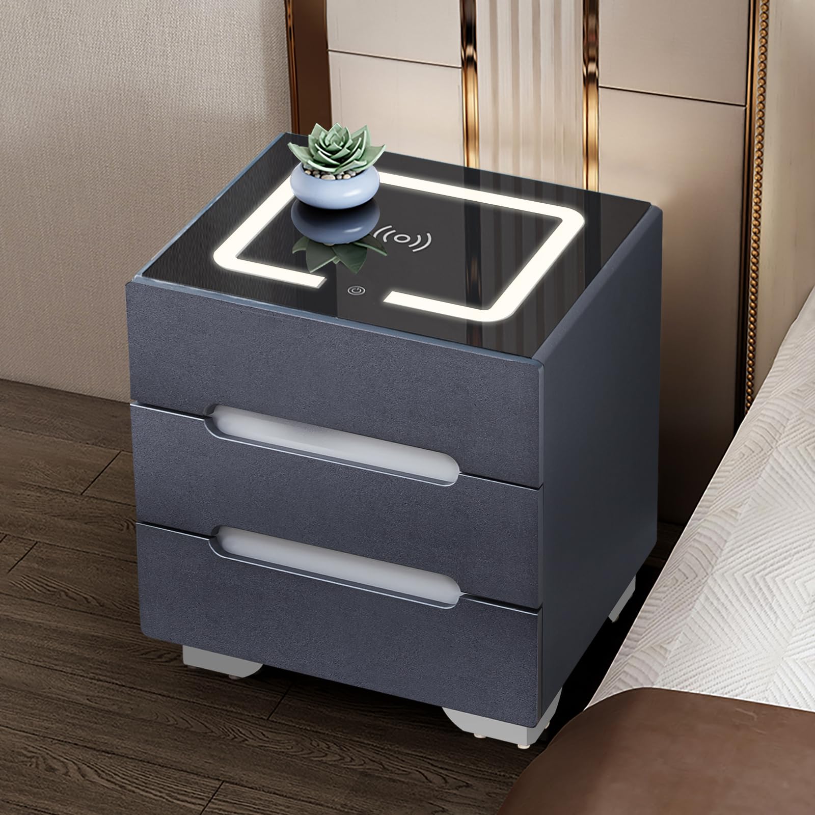 TUKAILAi Bedside Table with 3 Color LED Lights Bedside Table with