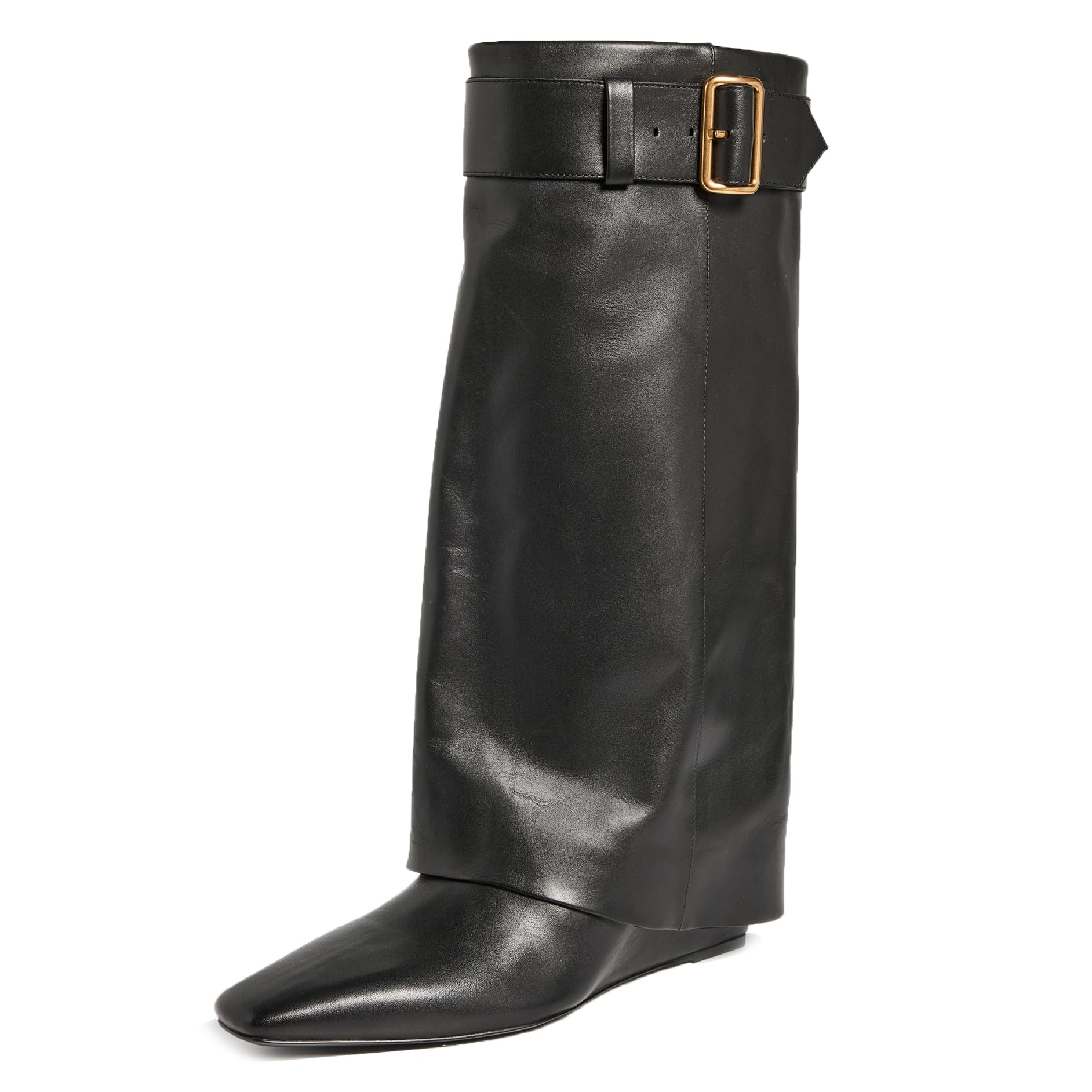 Goolita Suede Fold Over Boots For Women Metal Buckle Square Toe Wedge Heels Knee High Boots Fashion Comfortable