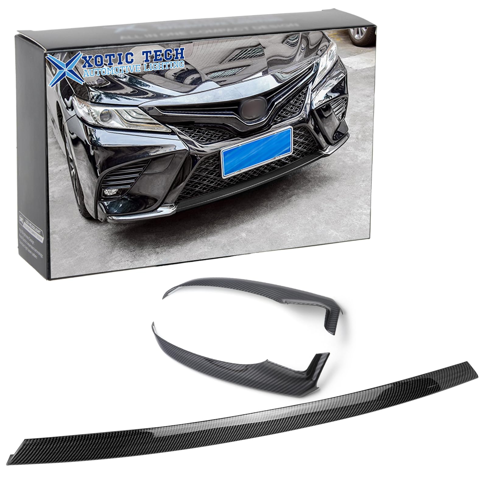 Xotic Tech Set Black Carbon Fiber Style Exterior Front Bumper Lip Corner + Center Piece Accessories Cover Trim Combo Kit, Compatible with Toyota Toyota Camry SE/XSE 2018-2020