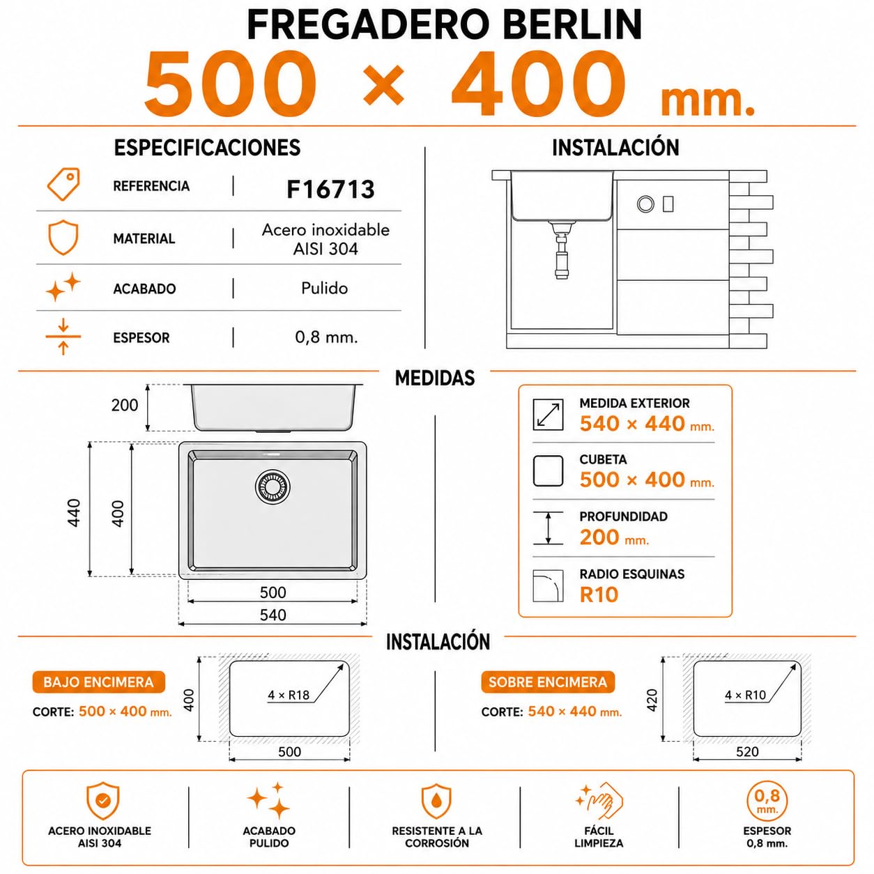 Fregadero Bajo Encimera Acero Inoxidable AISI 304 Serie Berlin | Profundidad 200 mm | Incluye Válvula, Sifón y Rebosadero (50x40 cm)