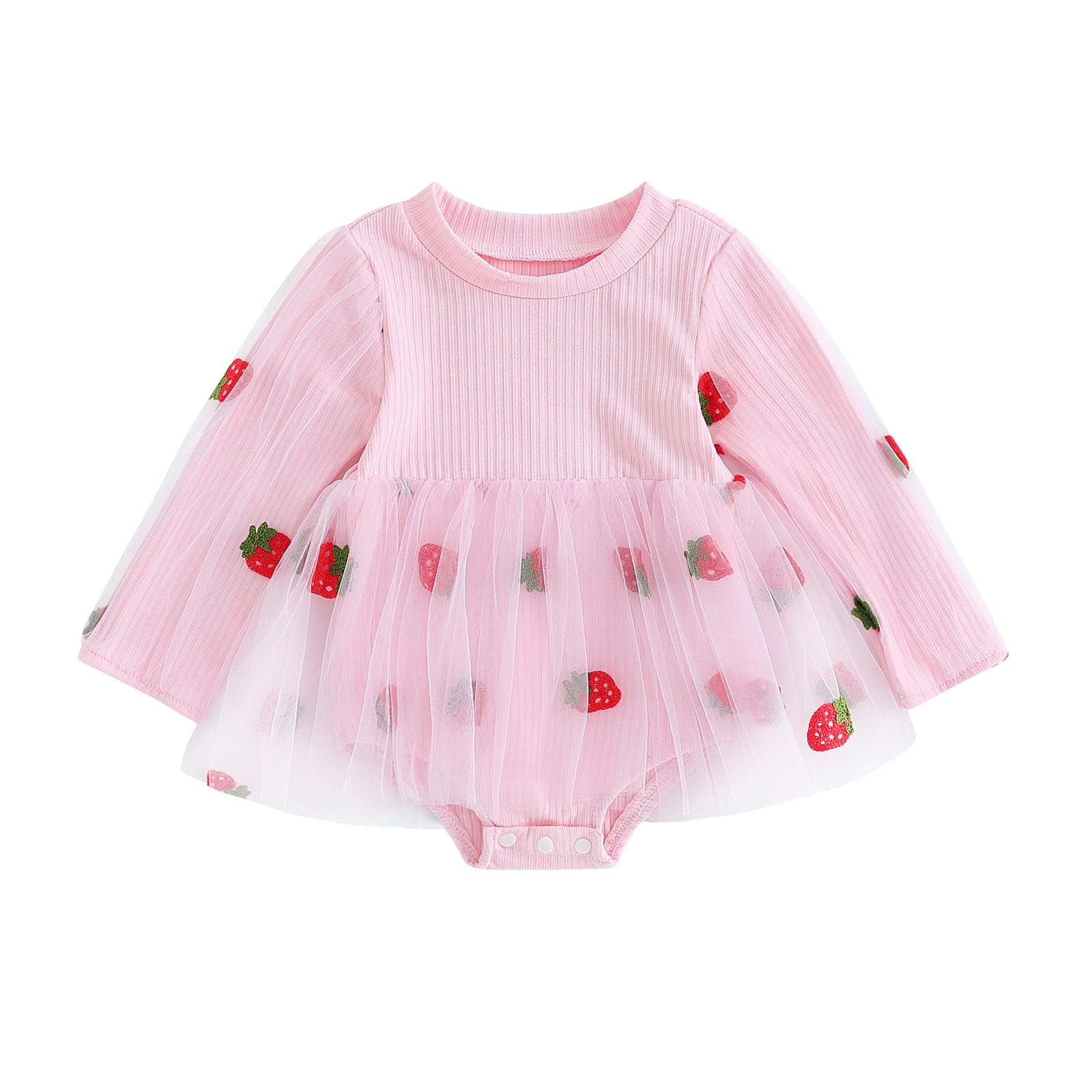 BULINGNA Cute Infant Baby Girl Knit Romper Dress Long Sleeve Patchwork Ribbed Bodysuit Jumpsuit Strawberry Tutu Skirt (Pink, 12-18 Months)